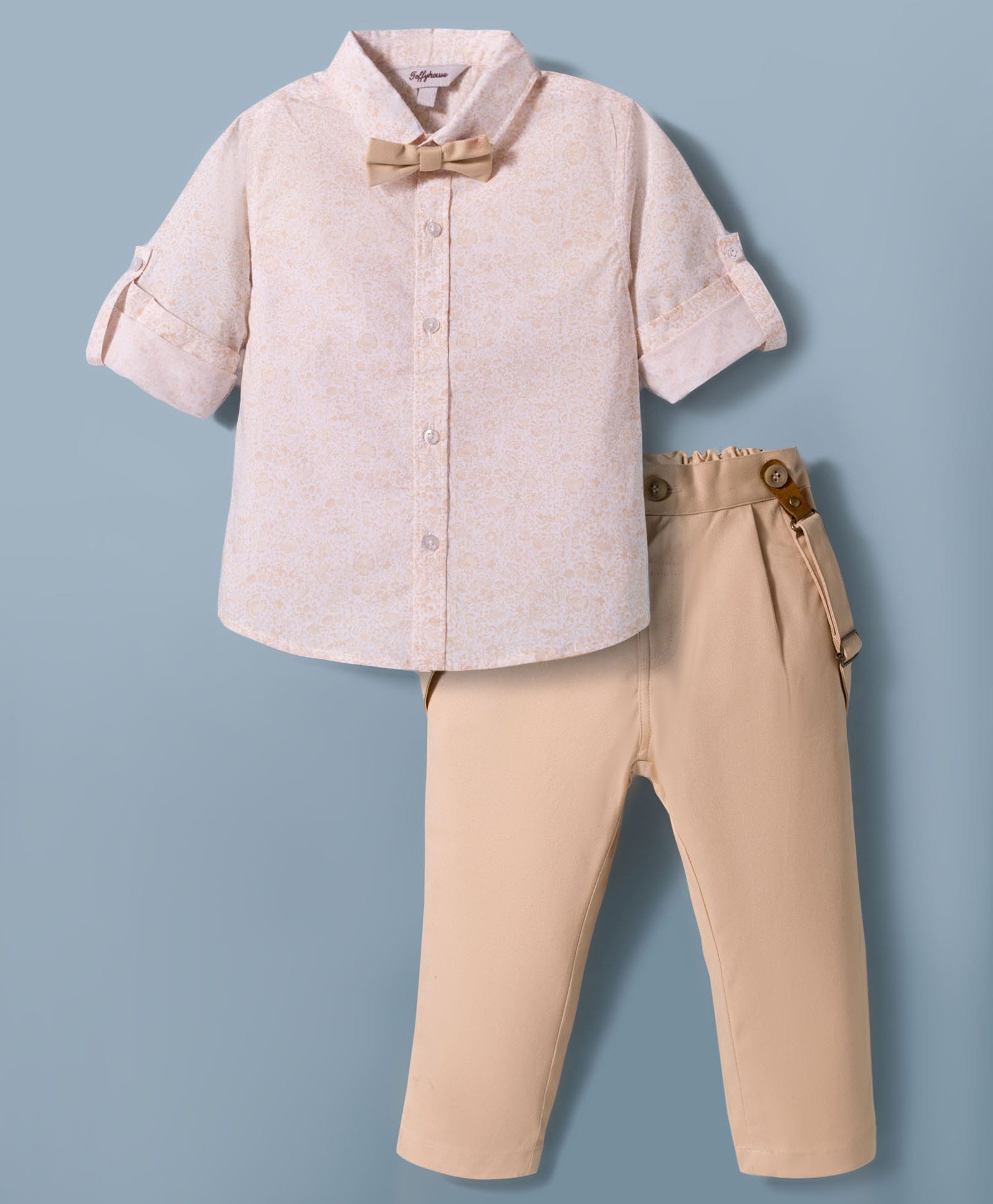 ToffyHouse Poplin Woven Half Sleeves Floral Printed Party Shirt & Trouser Set Suspender & Bow - Tan & White-picture-18