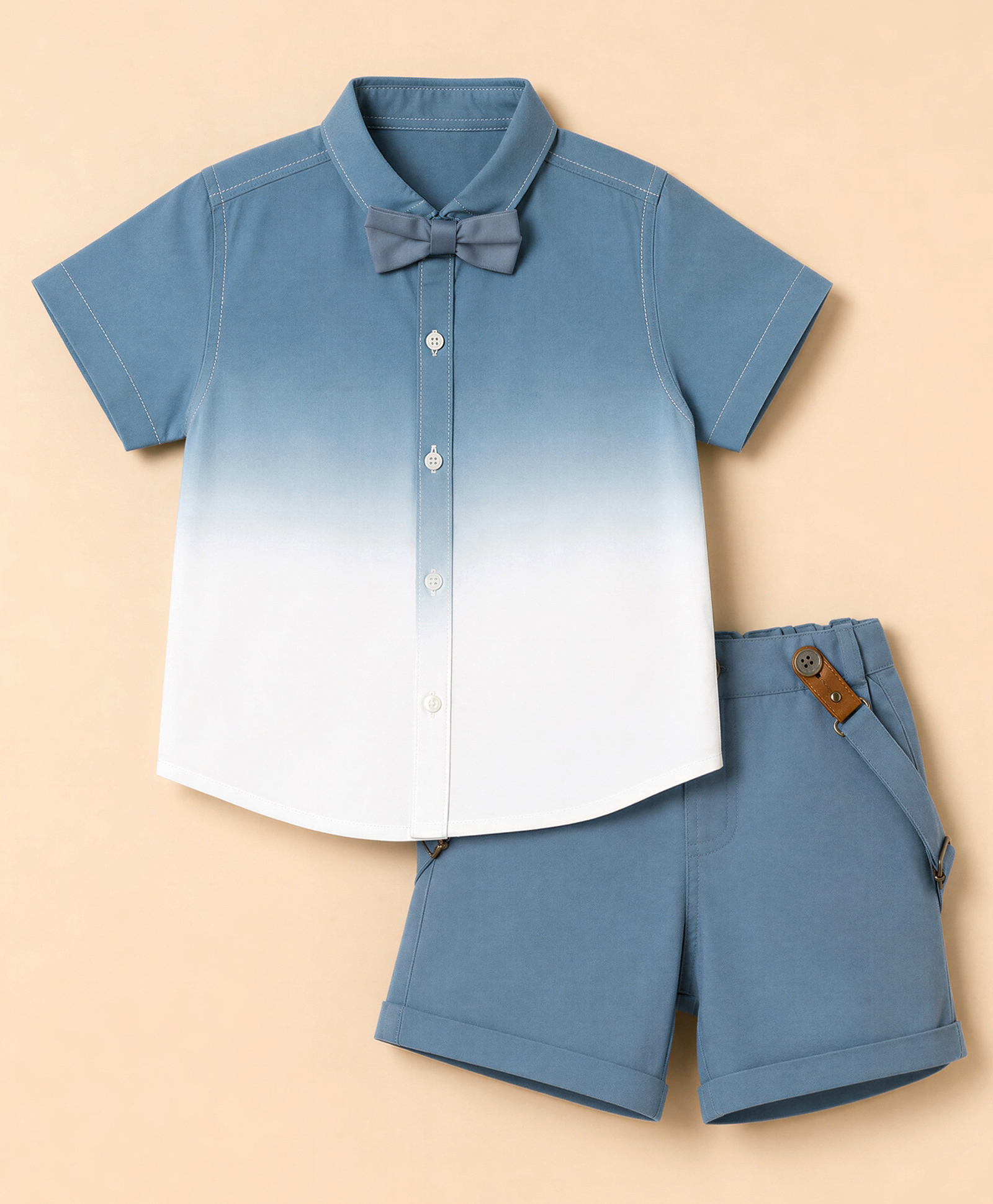 ToffyHouse Poplin Woven Half Sleeves Shirt & Shorts Set With Bow & Suspender With Ombre Print - Light Blue-picture-24