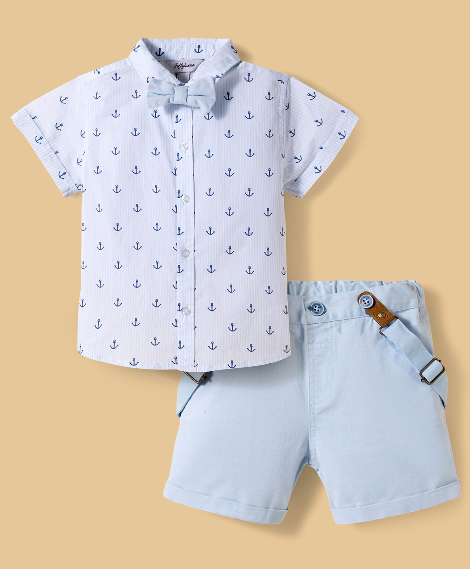 ToffyHouse Poplin Woven Half Sleeves Anchor Printed Party Shirt & Shorts Set with Bow & Suspender - Sky Blue-picture-2