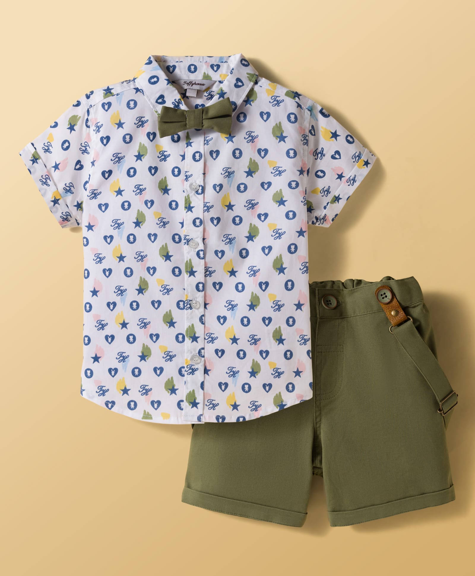 ToffyHouse Poplin Woven Half Sleeves Heart Printed Shirt & Shorts Set with Bow & Suspender - Green-picture-42