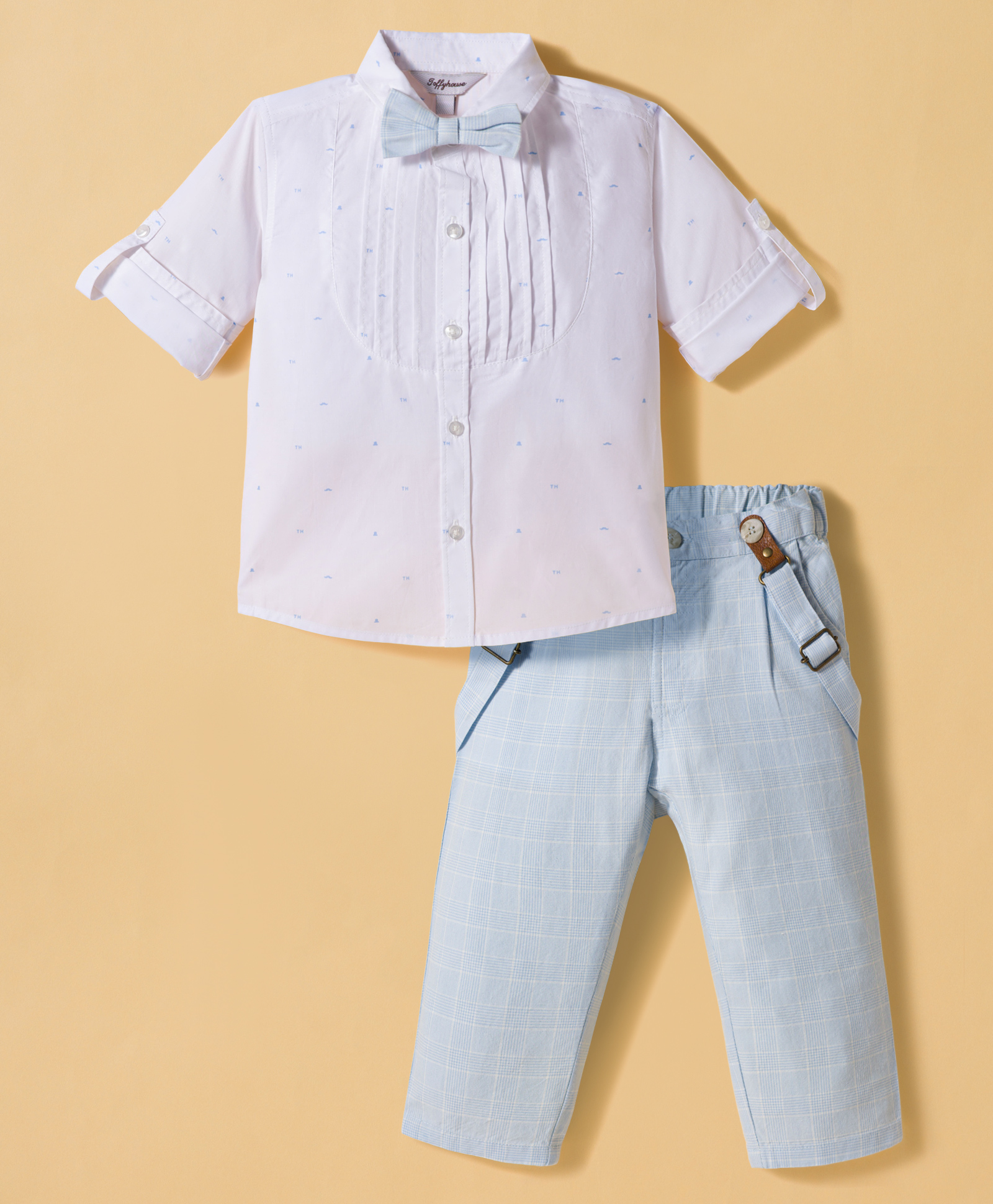 ToffyHouse Poplin Woven Full Sleeves Printed Shirt & Trouser Set With Bow & Suspender - White-picture-27