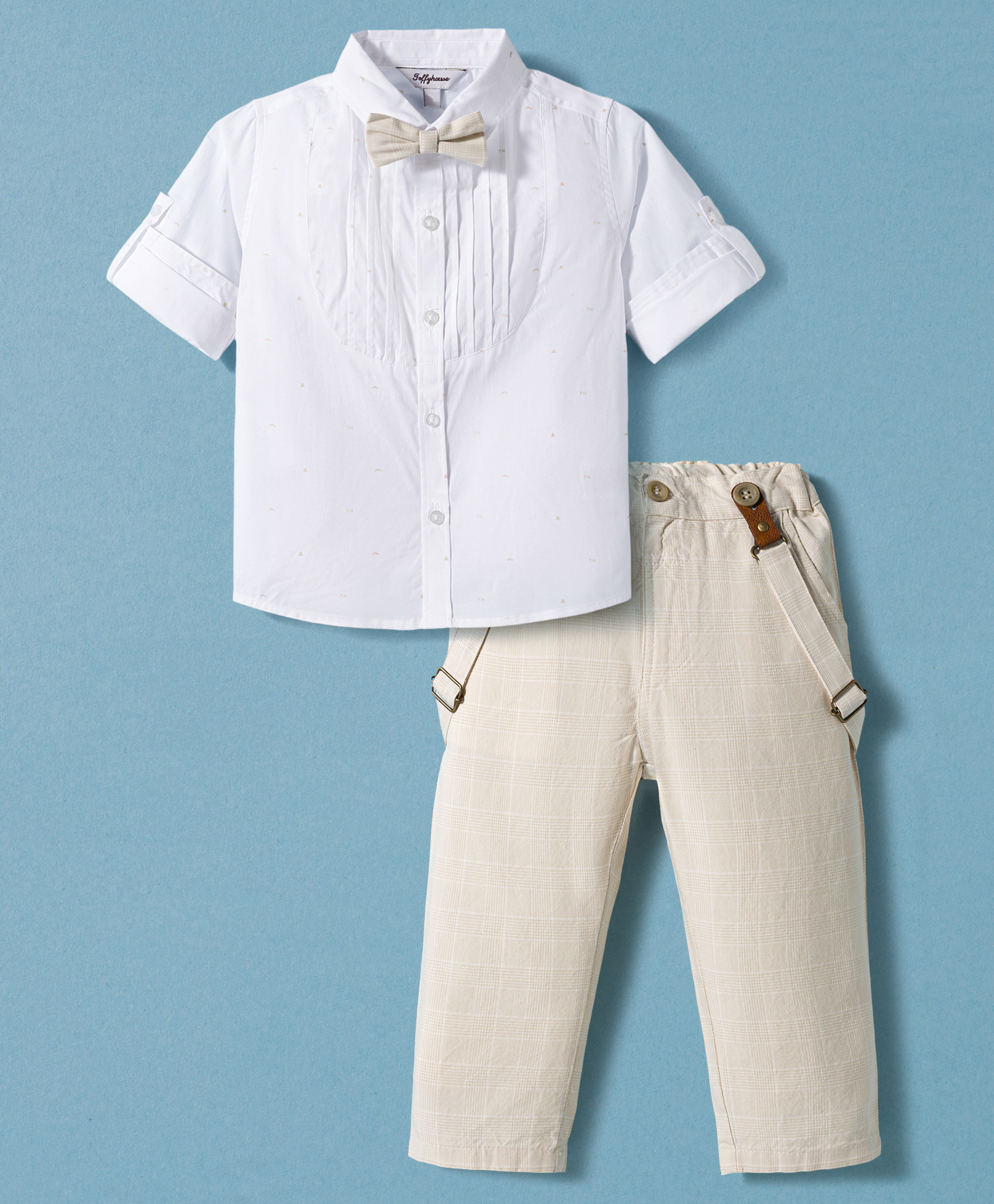 ToffyHouse Poplin Woven Full Sleeves Solid Colour Pintuck Detailed Party Shirt & Trouser Set with Bow & Suspender - White & Beige-picture-16