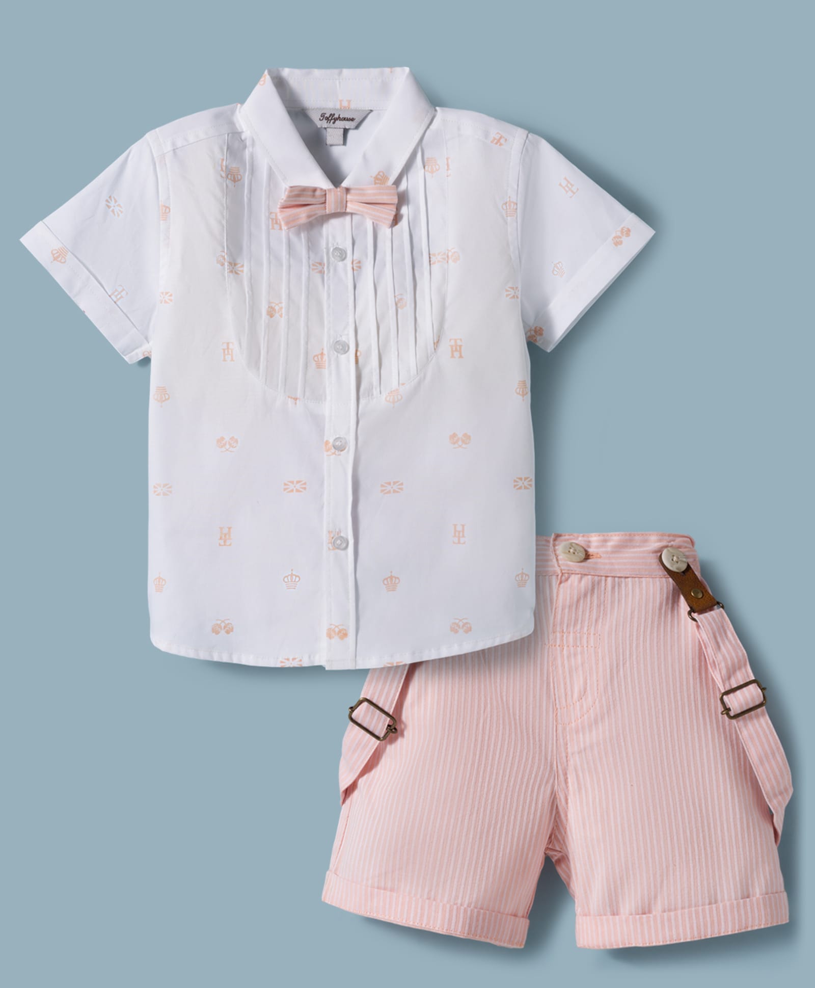 ToffyHouse Poplin Woven Half Sleeves Printed Shirt & Shorts With Bow & Suspender - Peach-picture-14