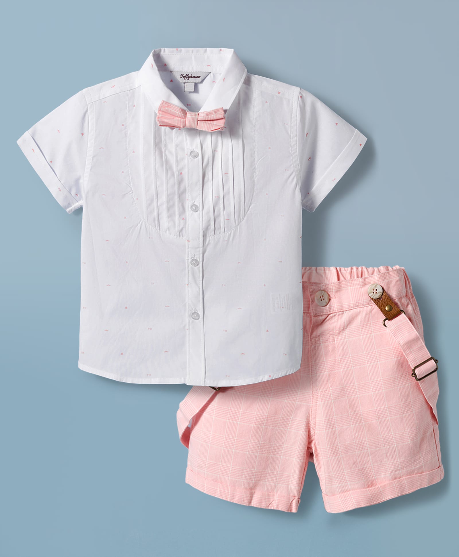 ToffyHouse Poplin Woven Half Sleeves Solid Shirt & Shorts Set With Bow & Suspender - Peach-picture-27