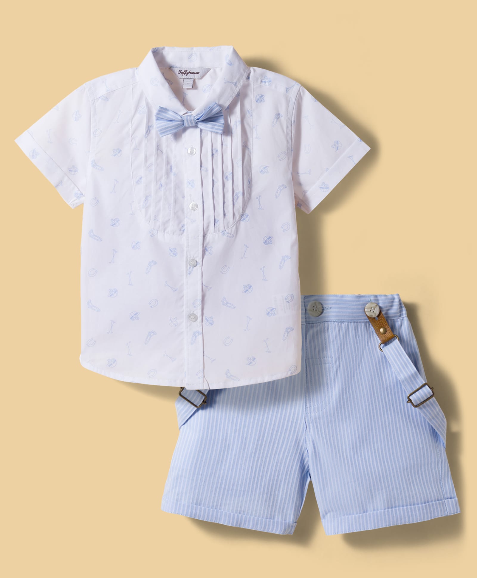 ToffyHouse Poplin Woven Half Sleeves Polo Printed Shirt & Shorts Set with Bow & Suspender - SKy Blue-image-19