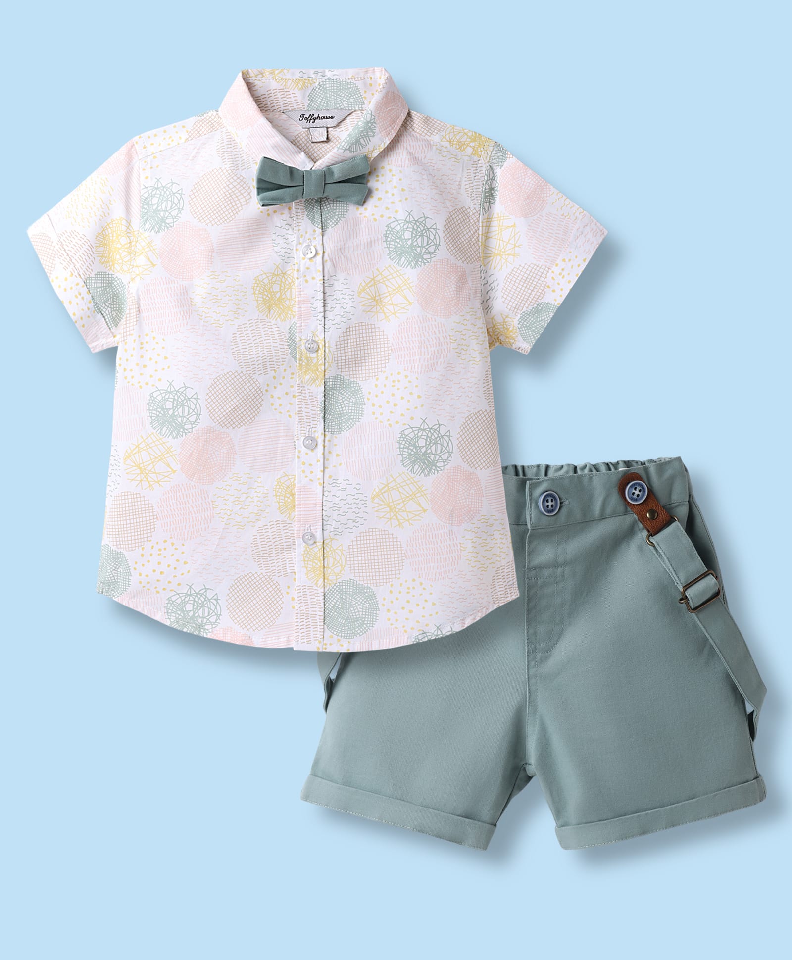 ToffyHouse Poplin Woven Half Sleeves Printed Shirt & Shorts Set with Bow & Suspender - Teal Blue-picture-10