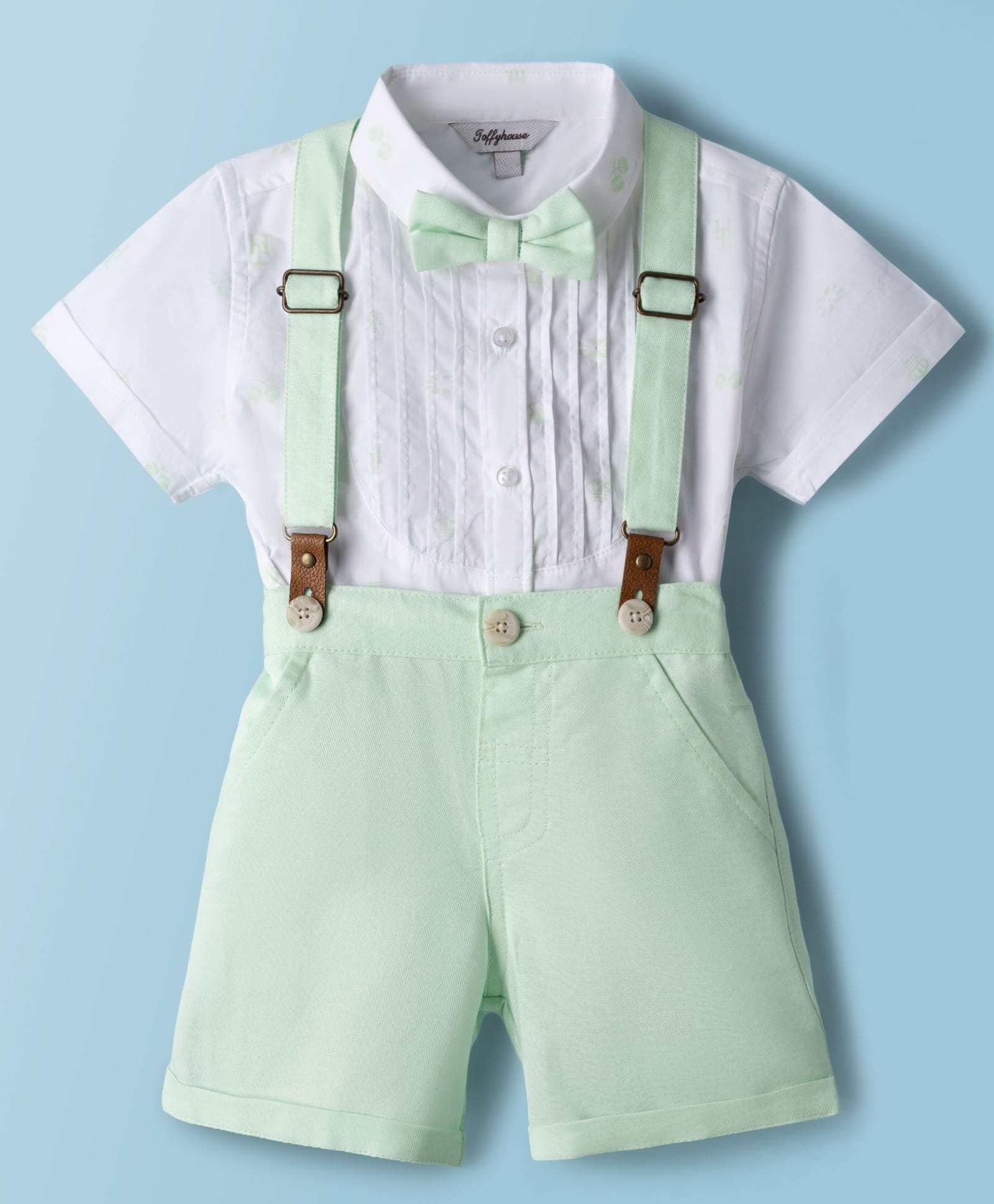 ToffyHouse Poplin Woven Half Sleeves Solid Shirt & Shorts Set With Suspender & Bow - Light Green-image-23
