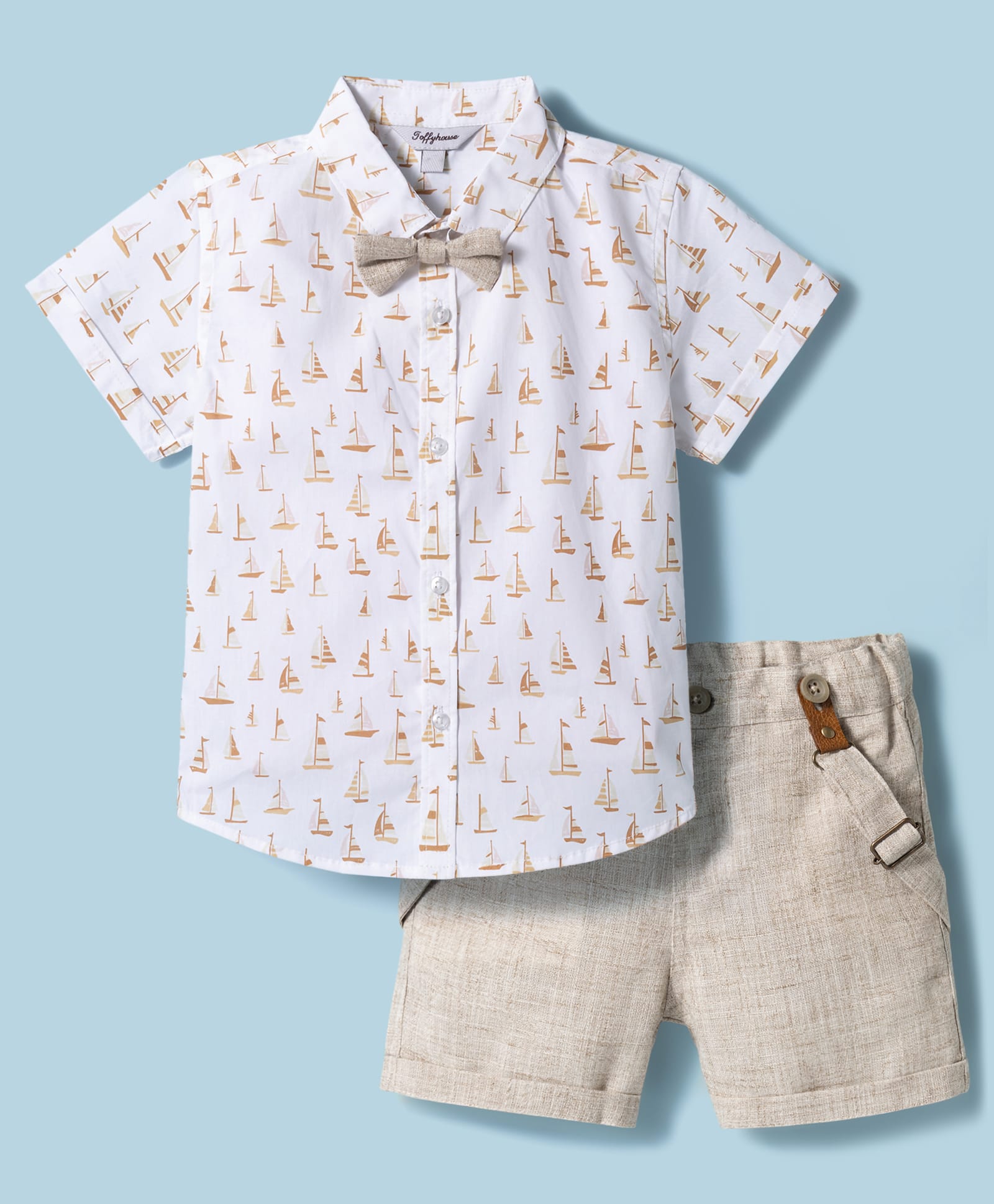 ToffyHouse Poplin Woven Half Sleeves Party Shirt & Shorts With Bow Suspender & Ship Print - Tan-picture-27