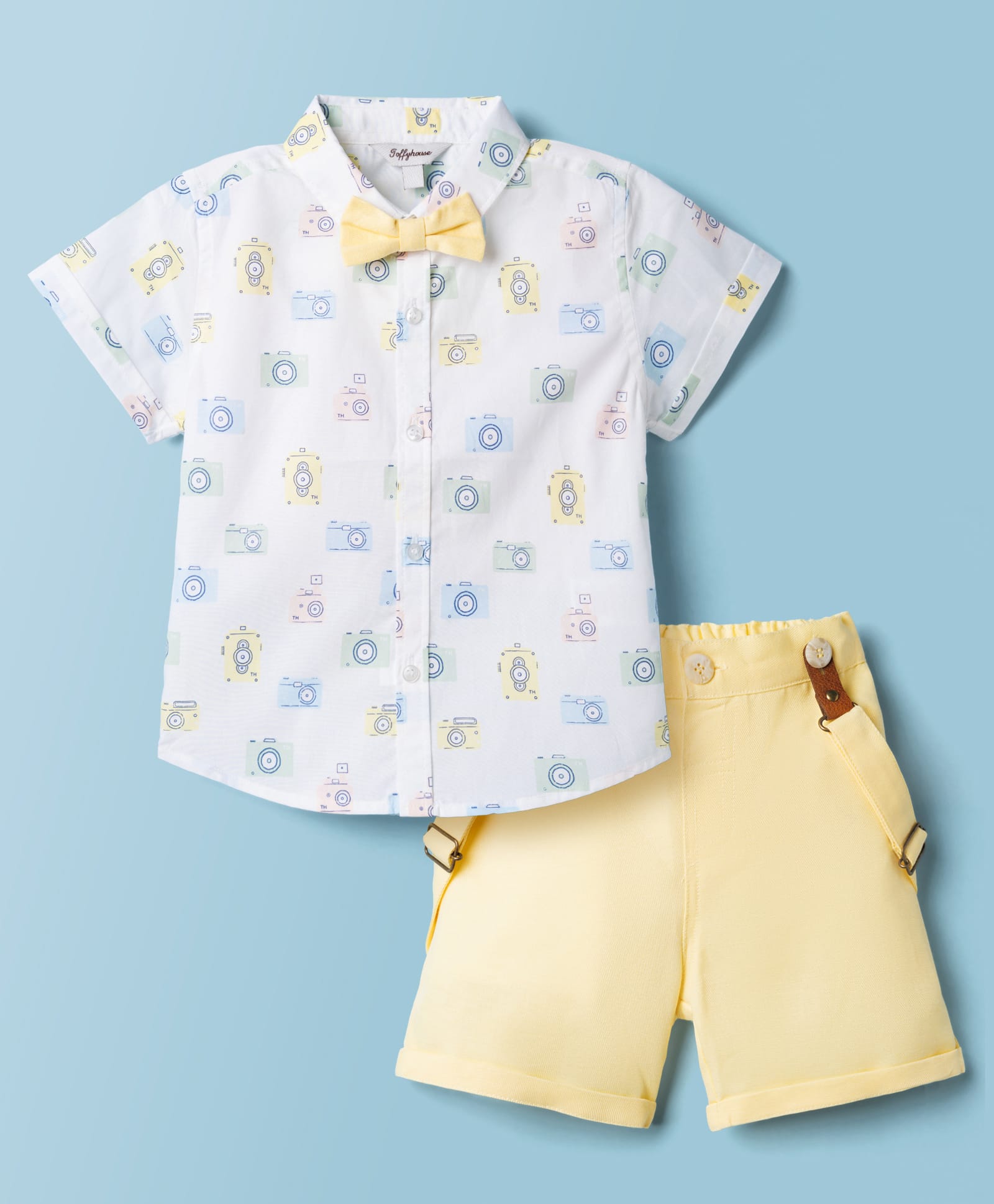 ToffyHouse Poplin Woven Half Sleeves Camera Printed Shirt & Shorts Set With Suspender & Bow - Yellow-picture-21