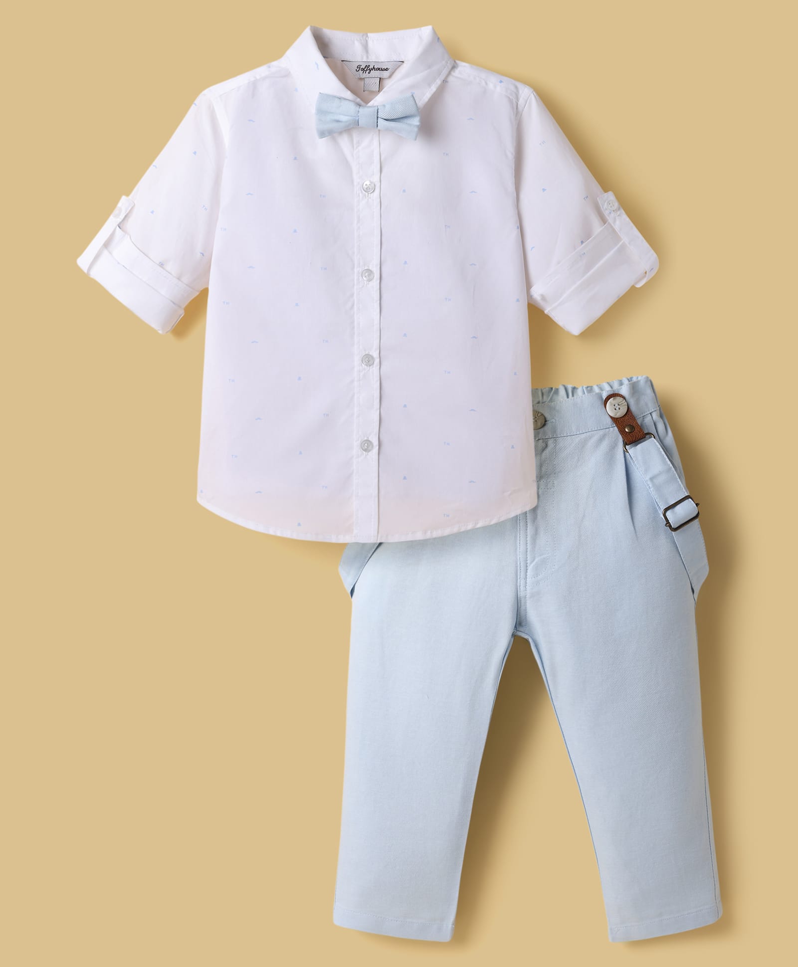 ToffyHouse Poplin Woven Full Sleeves Solid Shirt & Trouser Set with Bow & Suspender - Light Blue-picture-16