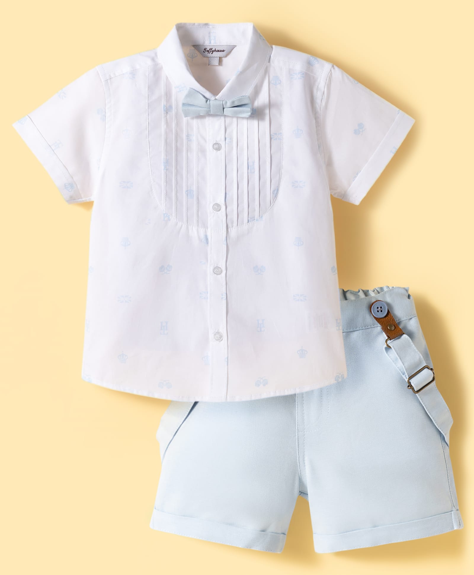 ToffyHouse Poplin Woven Half Sleeves Party Pintuck Shirt & Shorts With Bow Suspender & Floral Print - Sky Blue-picture-13