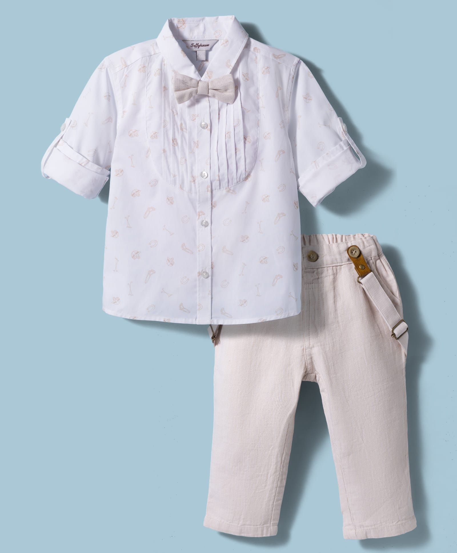 ToffyHouse Poplin Woven Full Sleeves Printed Party Shirt & Trouser Set with Bow & Suspender - Beige-image-39