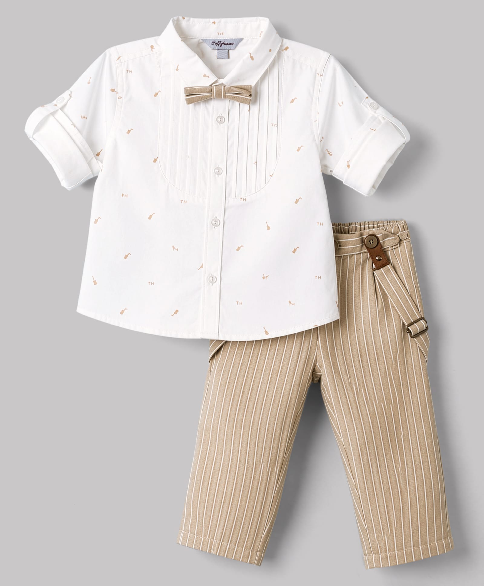 ToffyHouse Poplin Woven Full Sleeves Musical Instrument Printed Shirt & Striped Pant Set With Suspender & Bow - Tan-picture-17