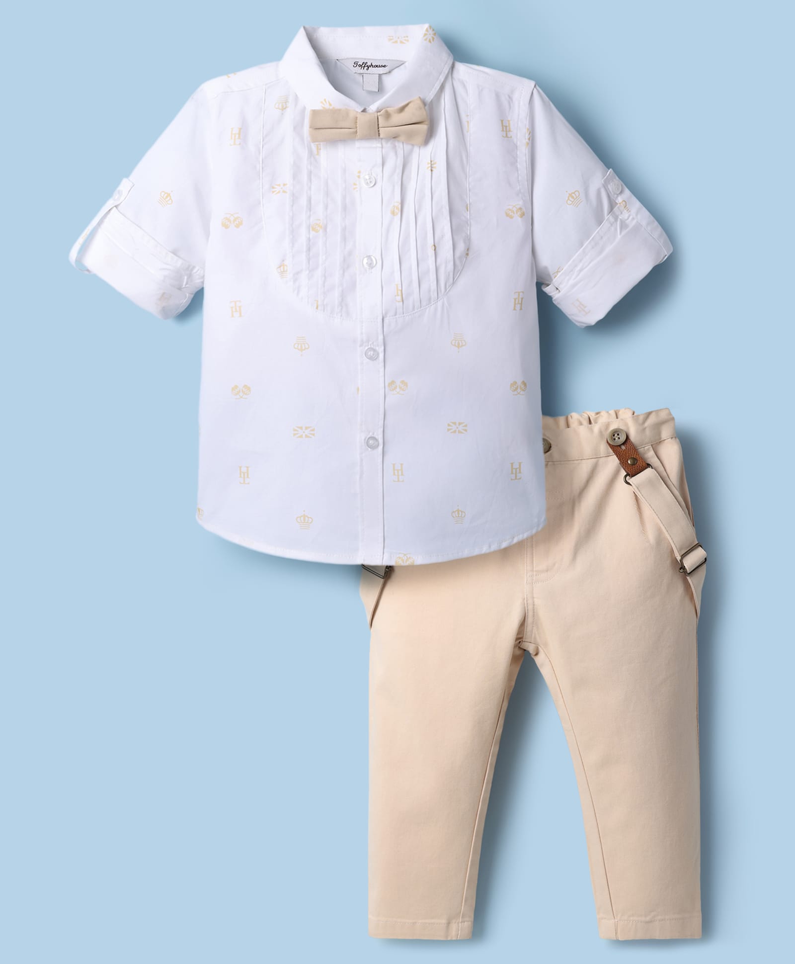 ToffyHouse Poplin Woven Full Sleeves Printed Shirt & Trouser Set with Bow & Suspender - Tan-picture-13