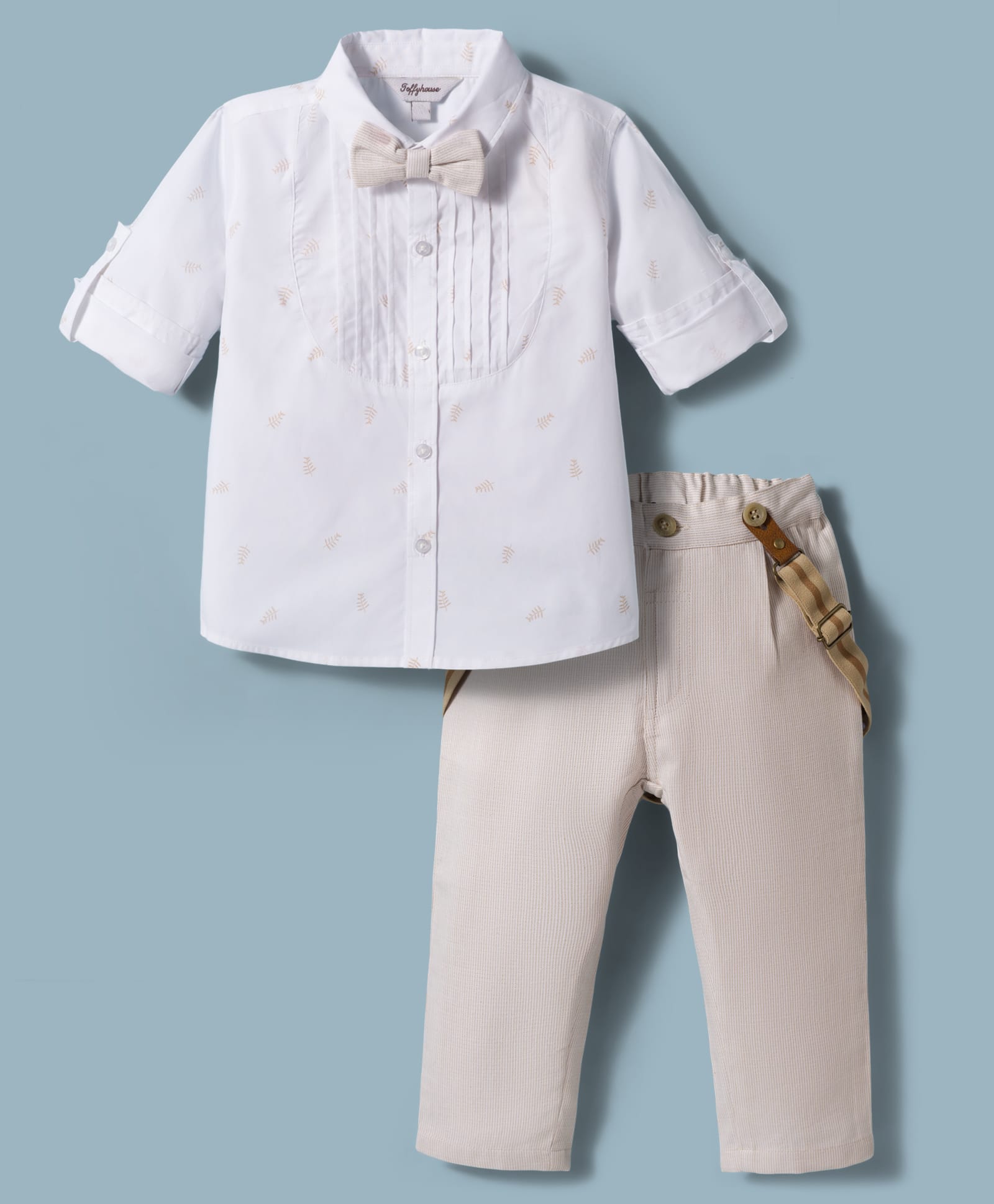 ToffyHouse Poplin Woven Full Sleeves Printed Shirt & Trouser Set With Bow & Suspender - White-picture-23