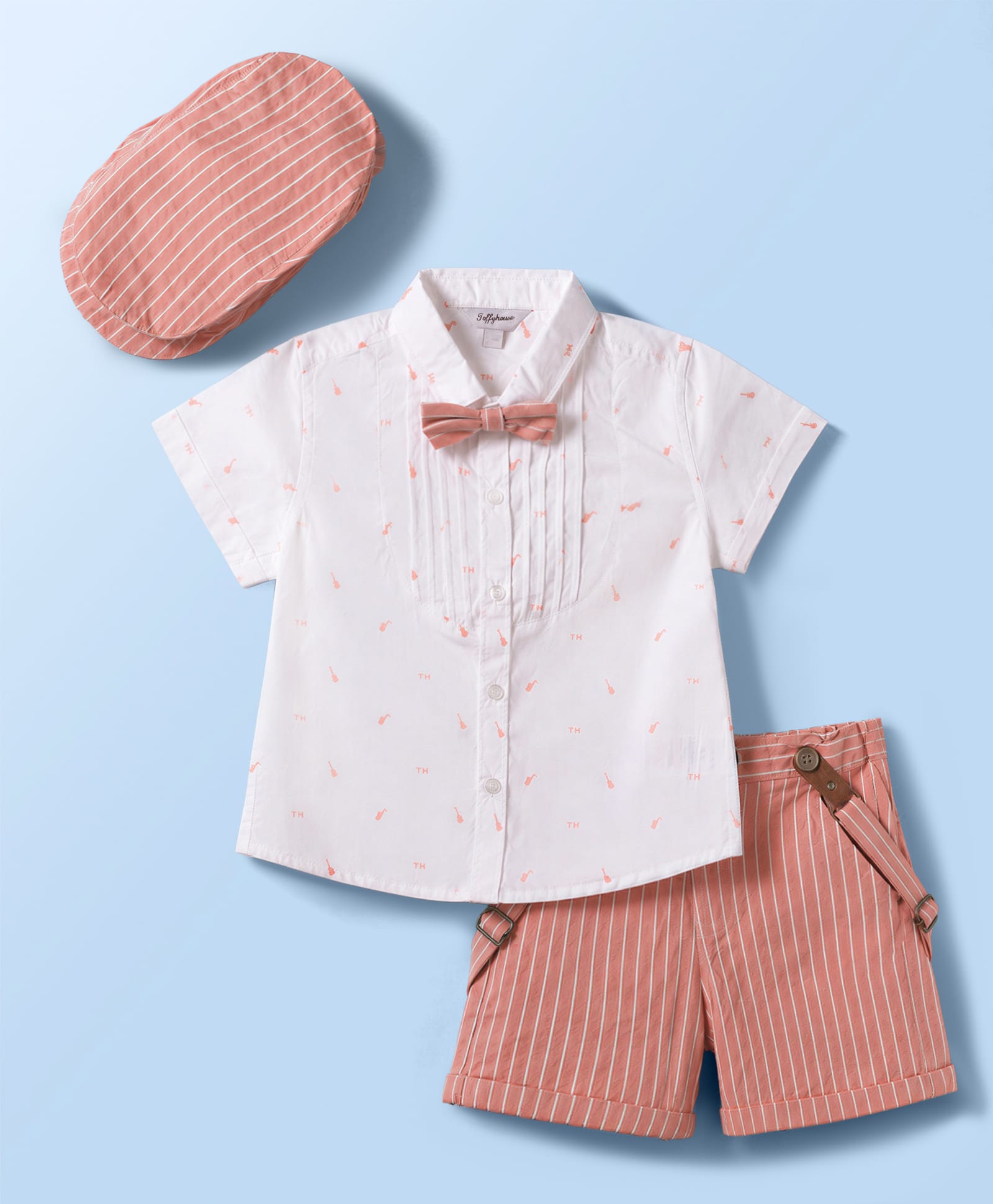 ToffyHouse Poplin Woven Half Sleeves Printed Shirt & Striped Shorts Set With Cap Bow & Suspender - Red-image-45