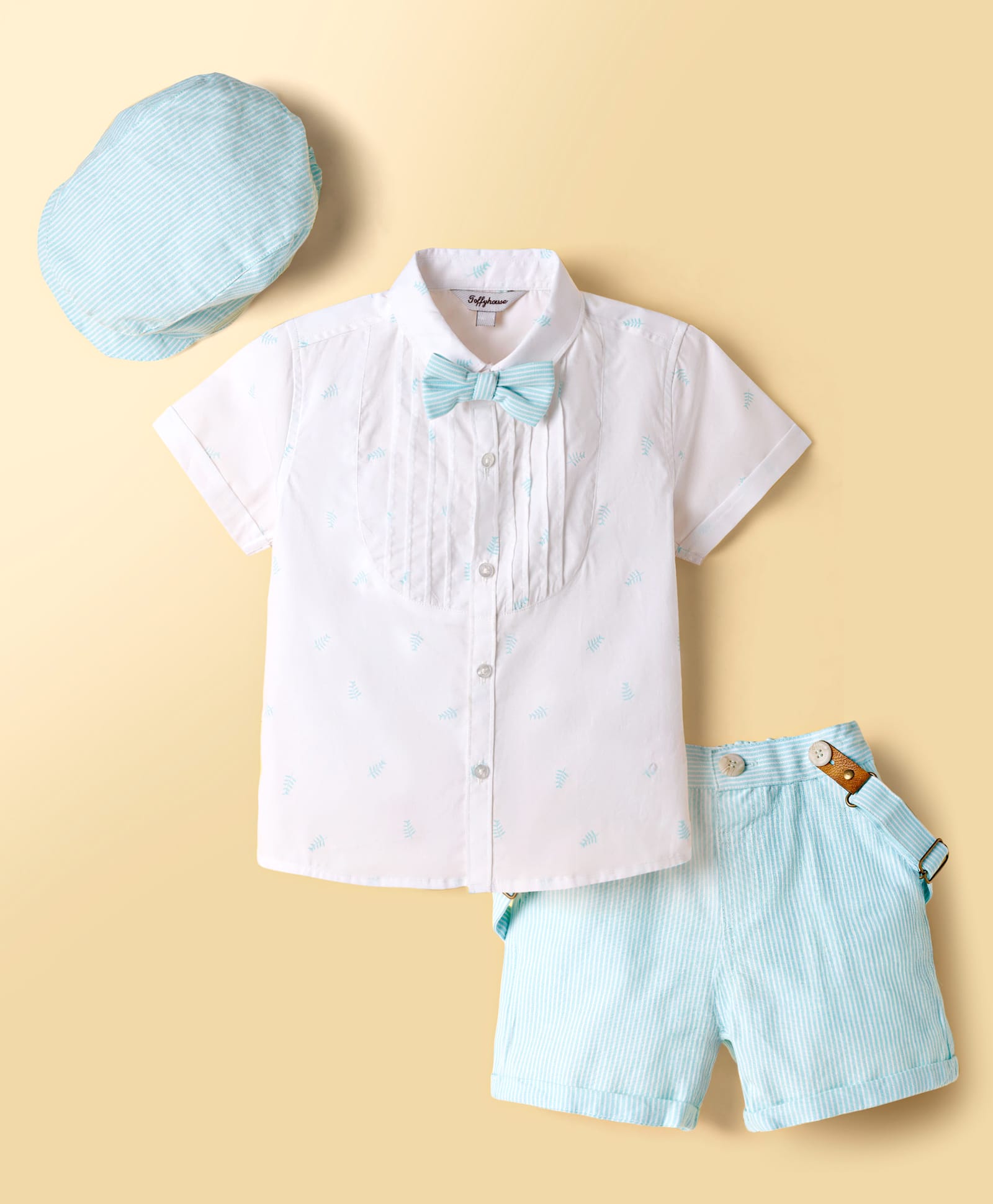 ToffyHouse Poplin Woven Half Sleeves Leaf Printed Party Shirt & Striped Shorts Set with Bow Suspender & Hat - Sea Green-image-45