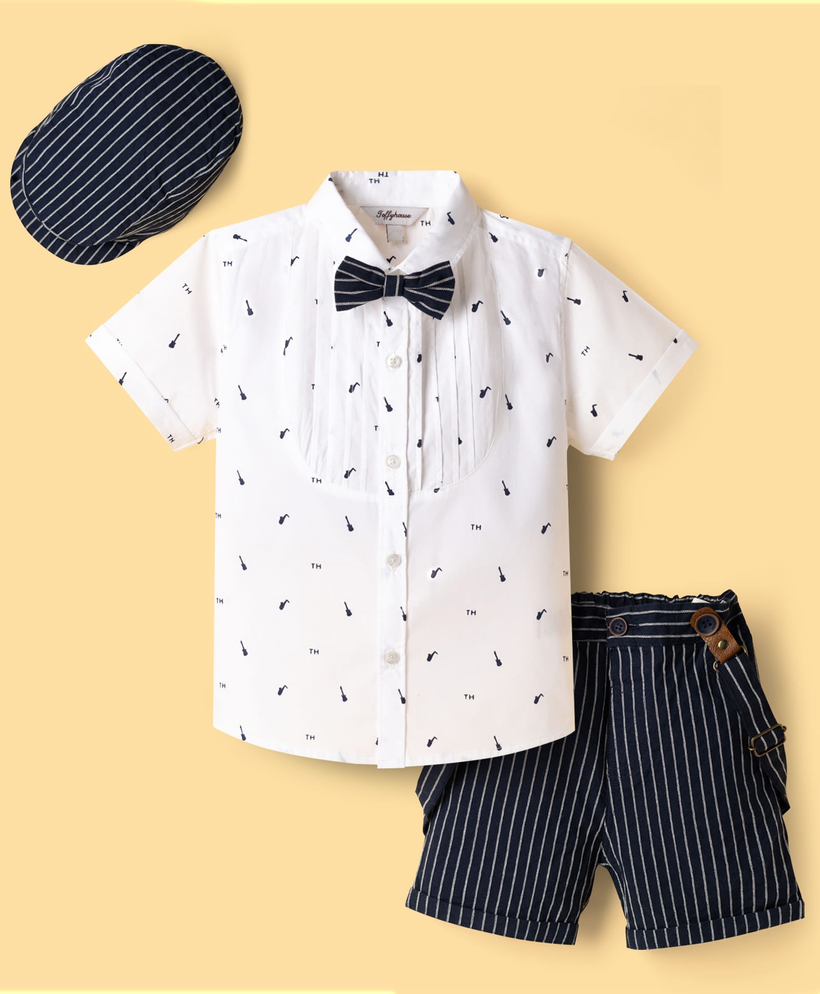 ToffyHouse Poplin Woven Half Sleeves Printed Shirt & Shorts Set With Suspender & Bow & Cap - Navy Blue-picture-17