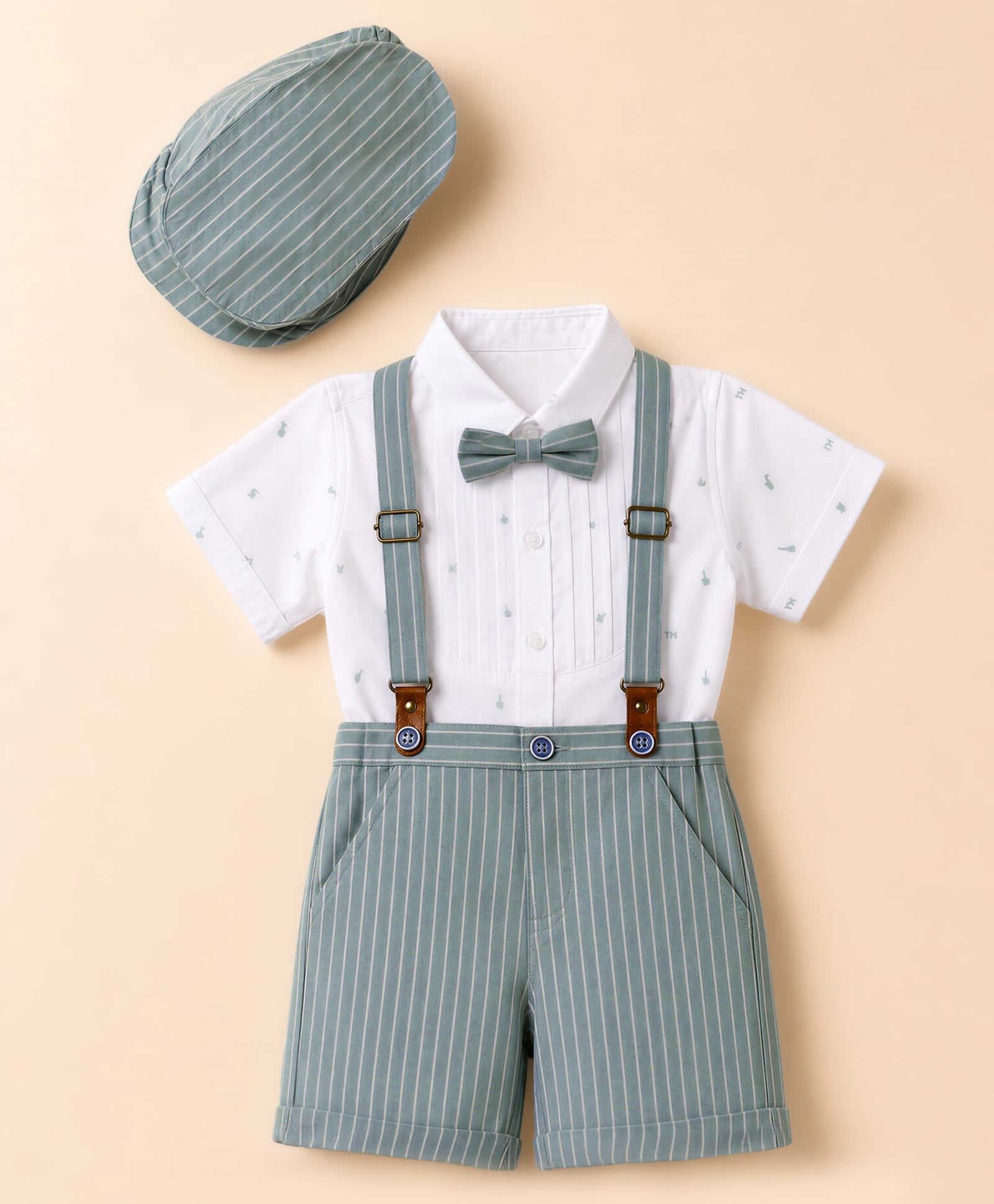 ToffyHouse Poplin Woven Half Sleeves Striped & Printed Shirt & Shorts Set With Bow Suspender & Cap - Teal Blue-picture-26