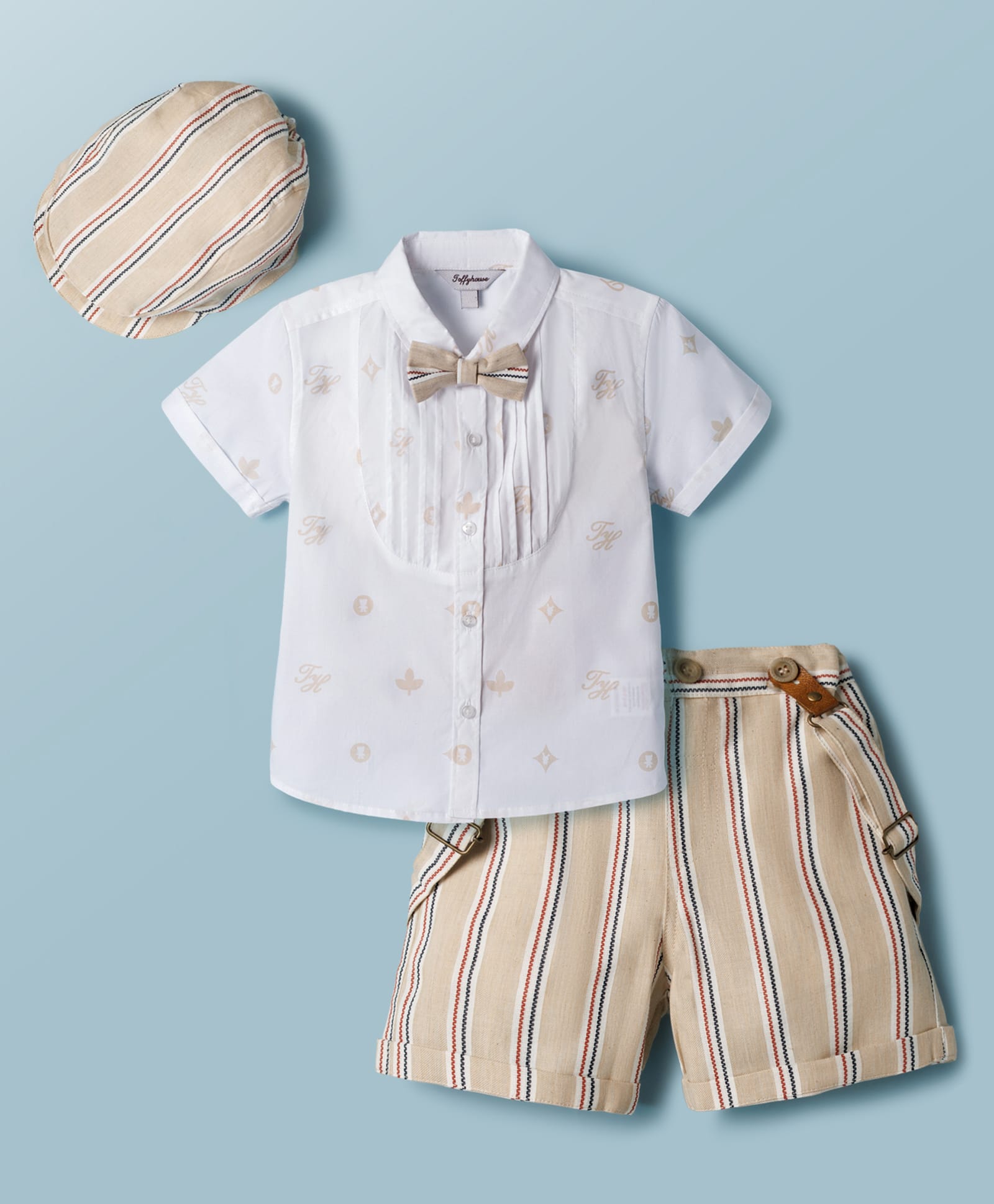 ToffyHouse Poplin Woven Half Sleeves Printed Party Shirt & Shorts Set with Pintuck Detailing Bow Suspender & Cap - Tan-image-27