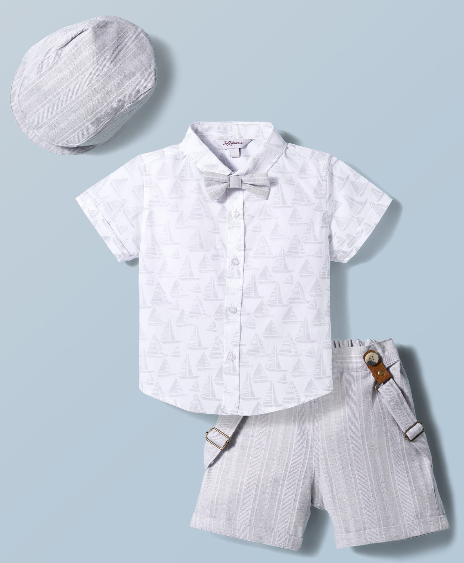 ToffyHouse Poplin Woven Half Sleeves Ship Printed Shirt & Shorts Set with Bow Suspender & Cap - Light Grey-image-45
