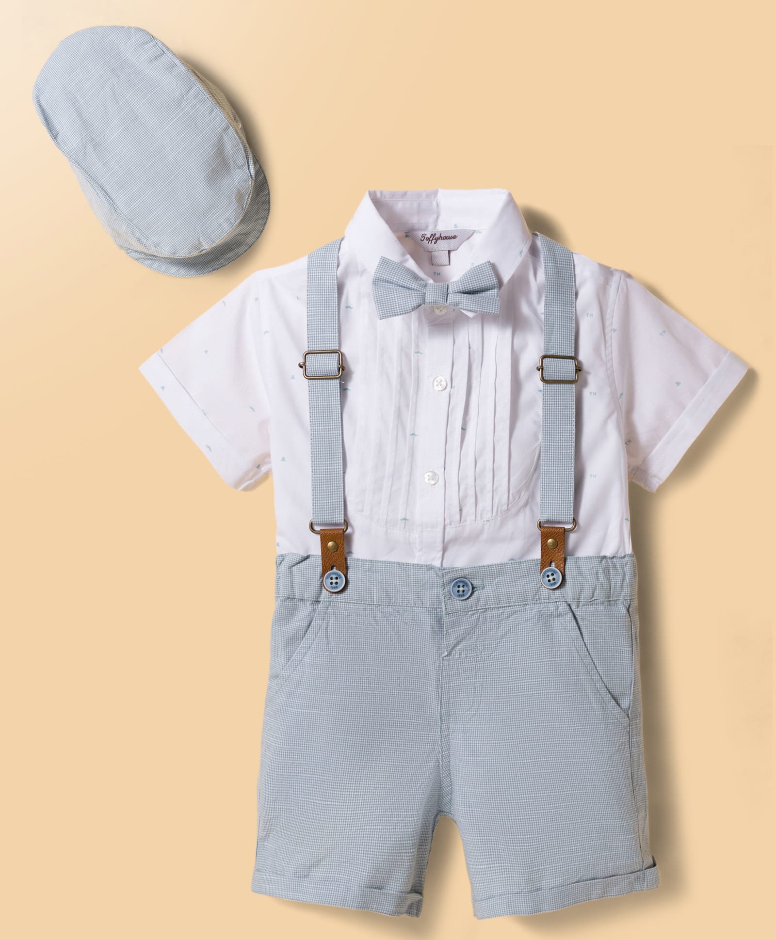ToffyHouse Poplin Woven Half Sleeves Printed Party Shirt & Shorts Set with Bow Suspender & Cap - Teal-image-43