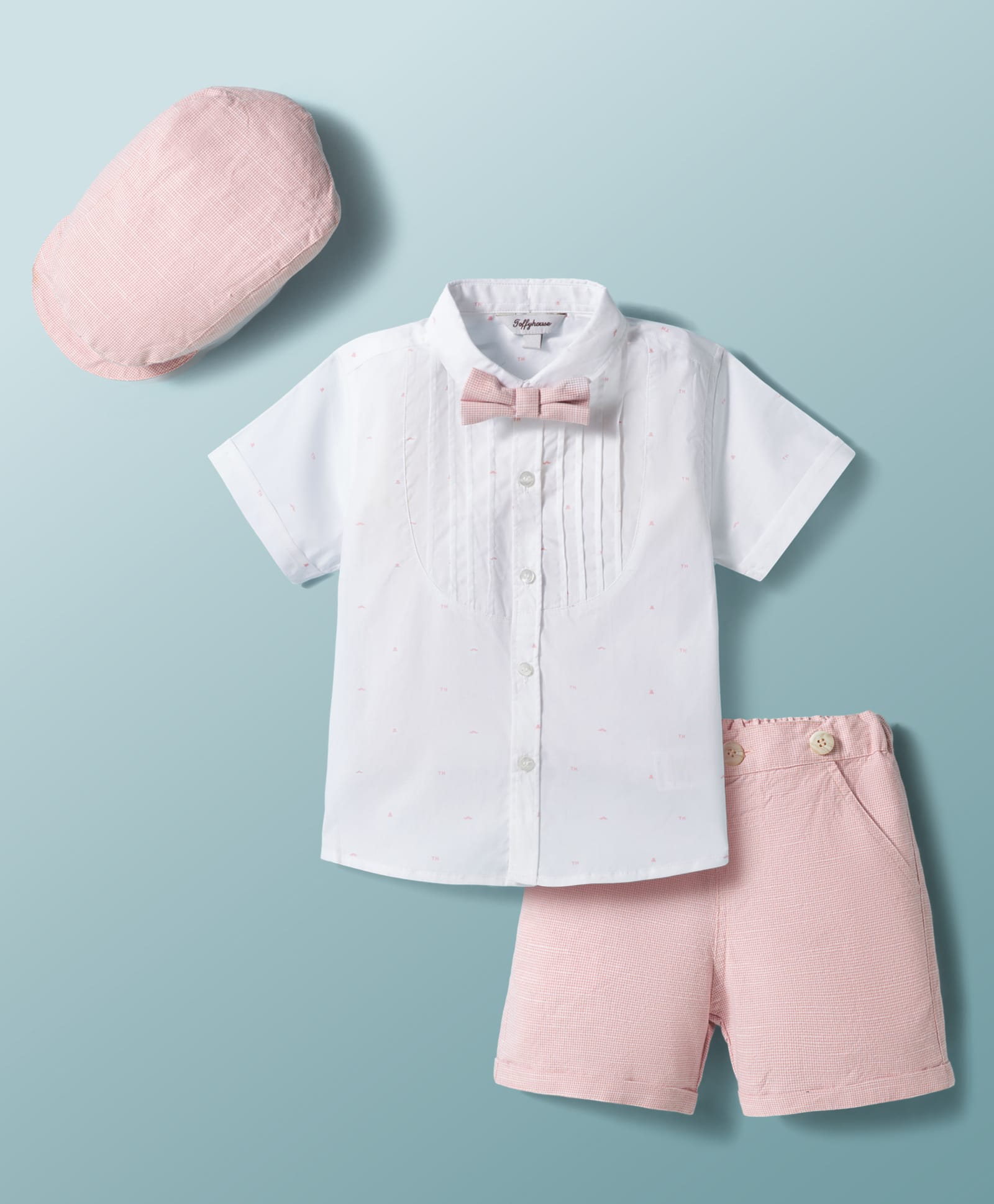 ToffyHouse Poplin Woven Half Sleeves Printed Shirt & Shorts Set with Bow Cap & Suspender - Pink & White-image-12