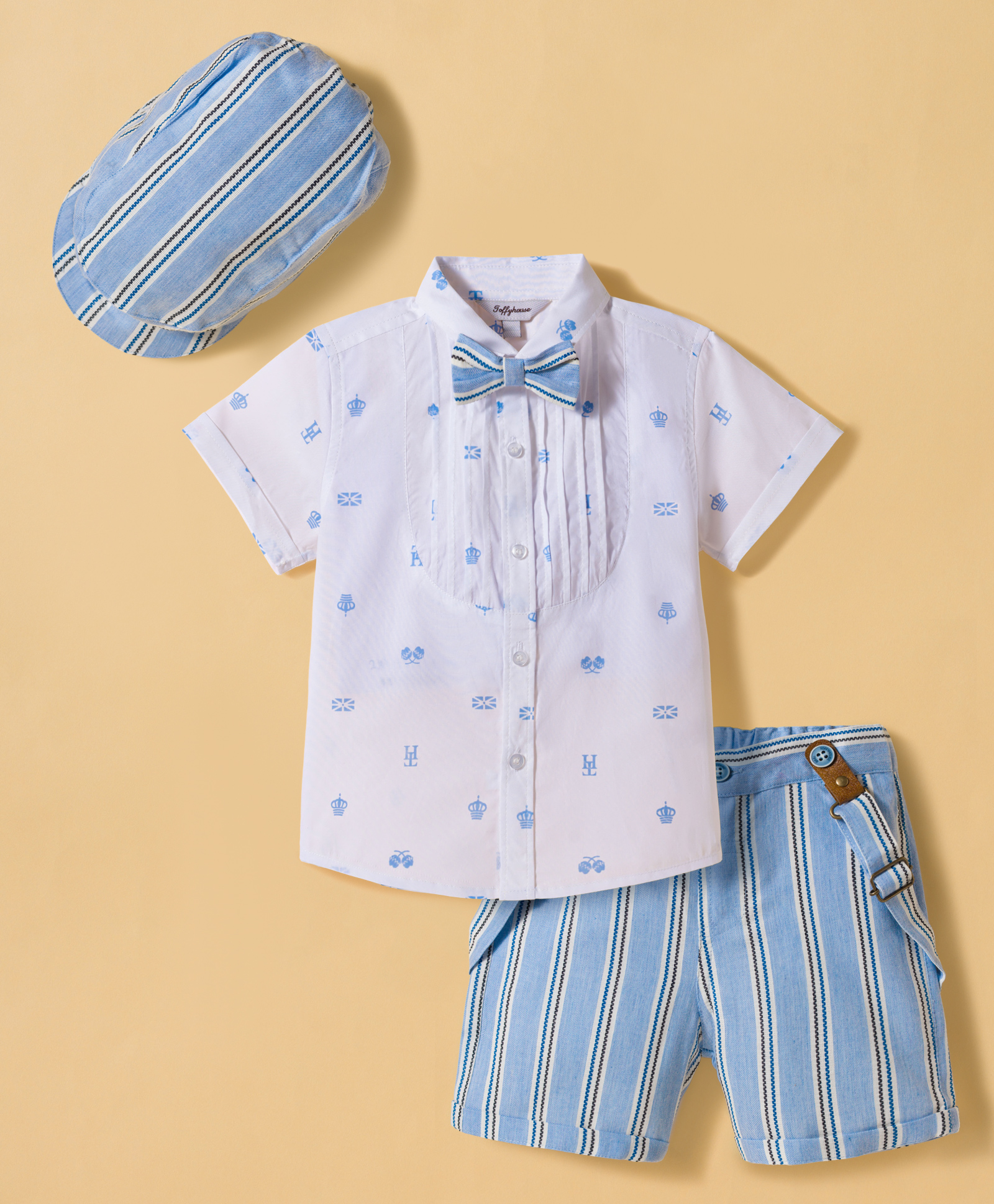 ToffyHouse Poplin Woven Half Sleeves Printed Shirt & Shorts Set With Bow Suspender & Cap - White-picture-20