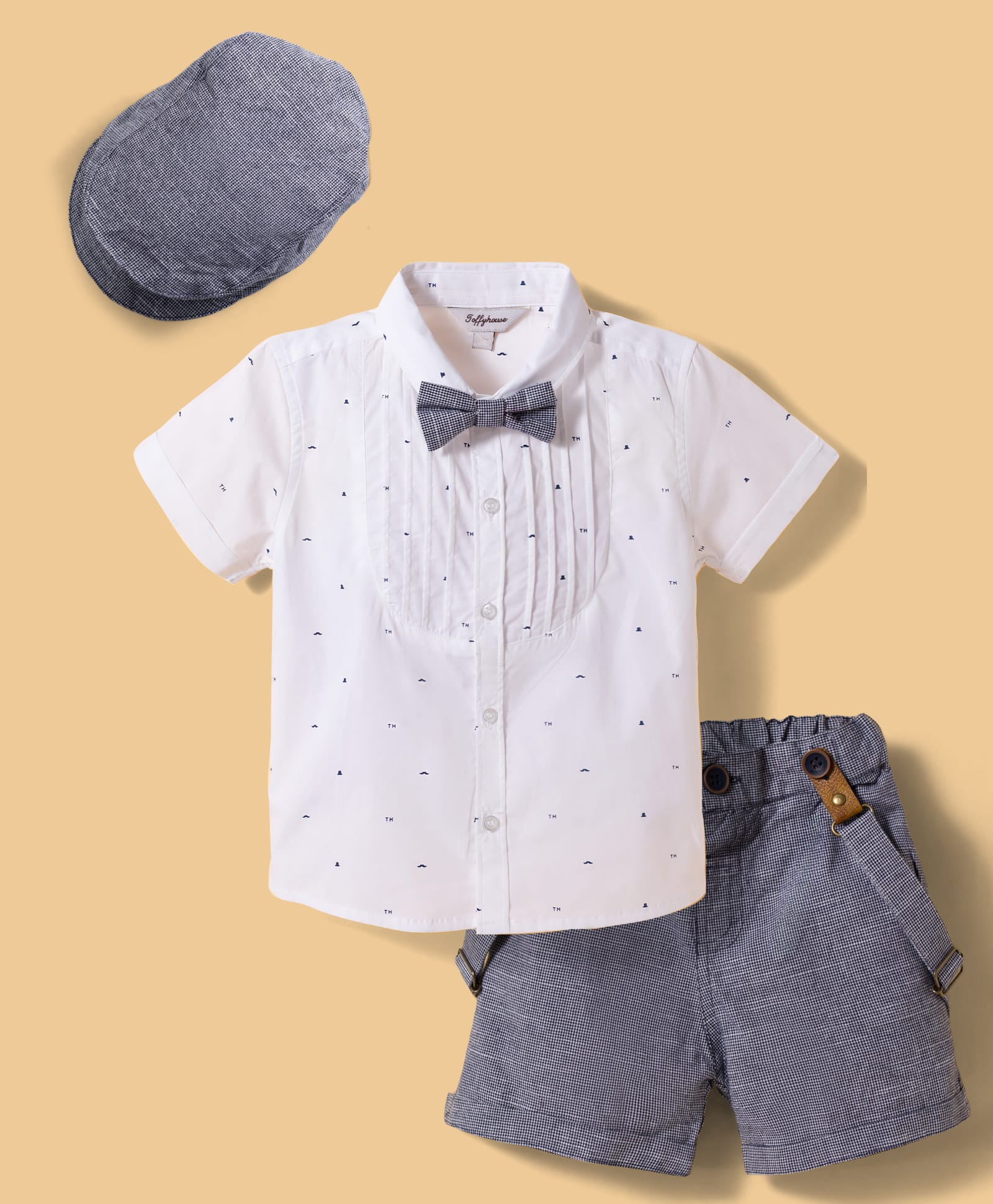 ToffyHouse Poplin Woven Half Sleeves Printed Shirt & Shorts With Bow Suspender & Cap - White-picture-15