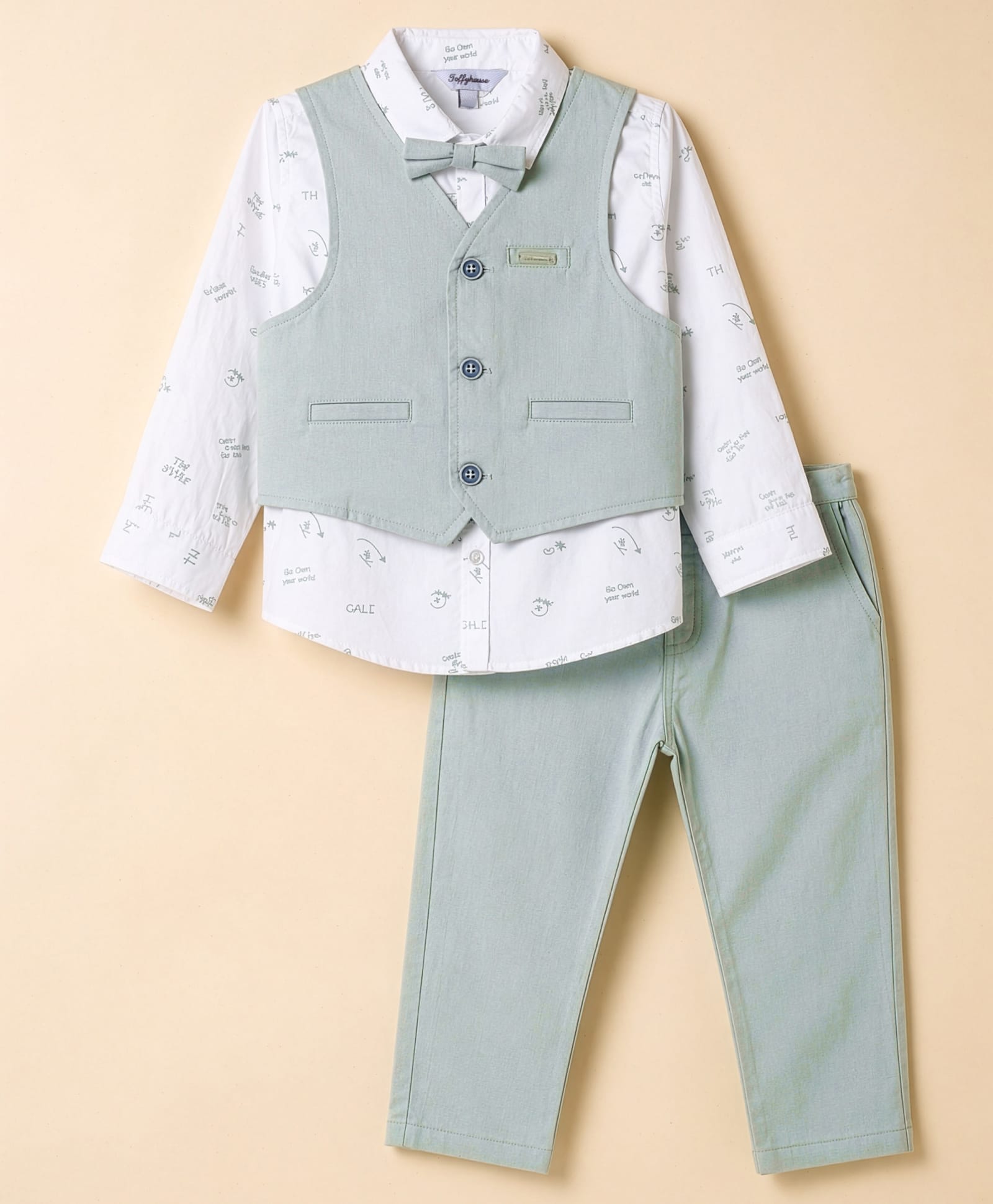 ToffyHouse Poplin Woven Full Sleeves Printed 3 Piece Party Suit with Bow - Sea Green-picture-20