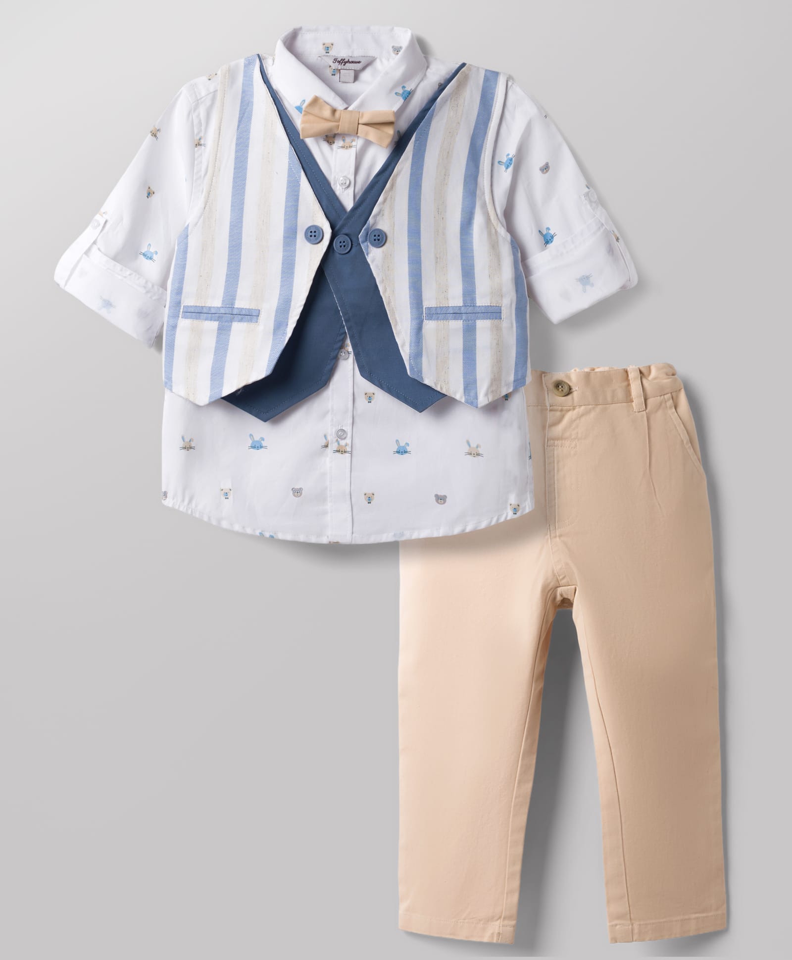 ToffyHouse Poplin Woven Full Sleeves Bunny Printed & Striped 3 Piece Party Suit With Bow Applique - Tan-image-45
