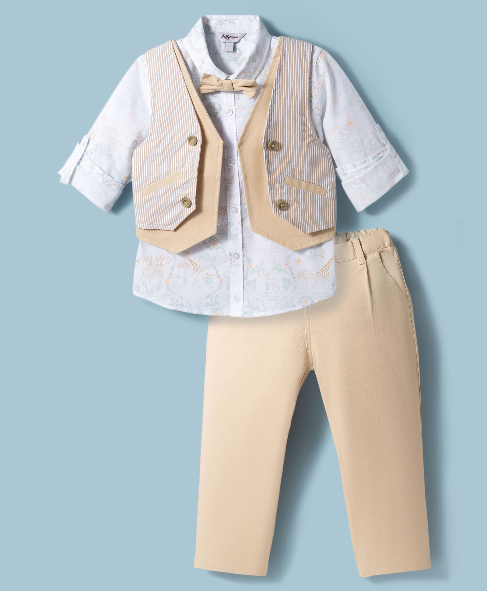 ToffyHouse Poplin Woven Full Sleeves Printed 3 Piece Party Suit With Bow - Tan-picture-1