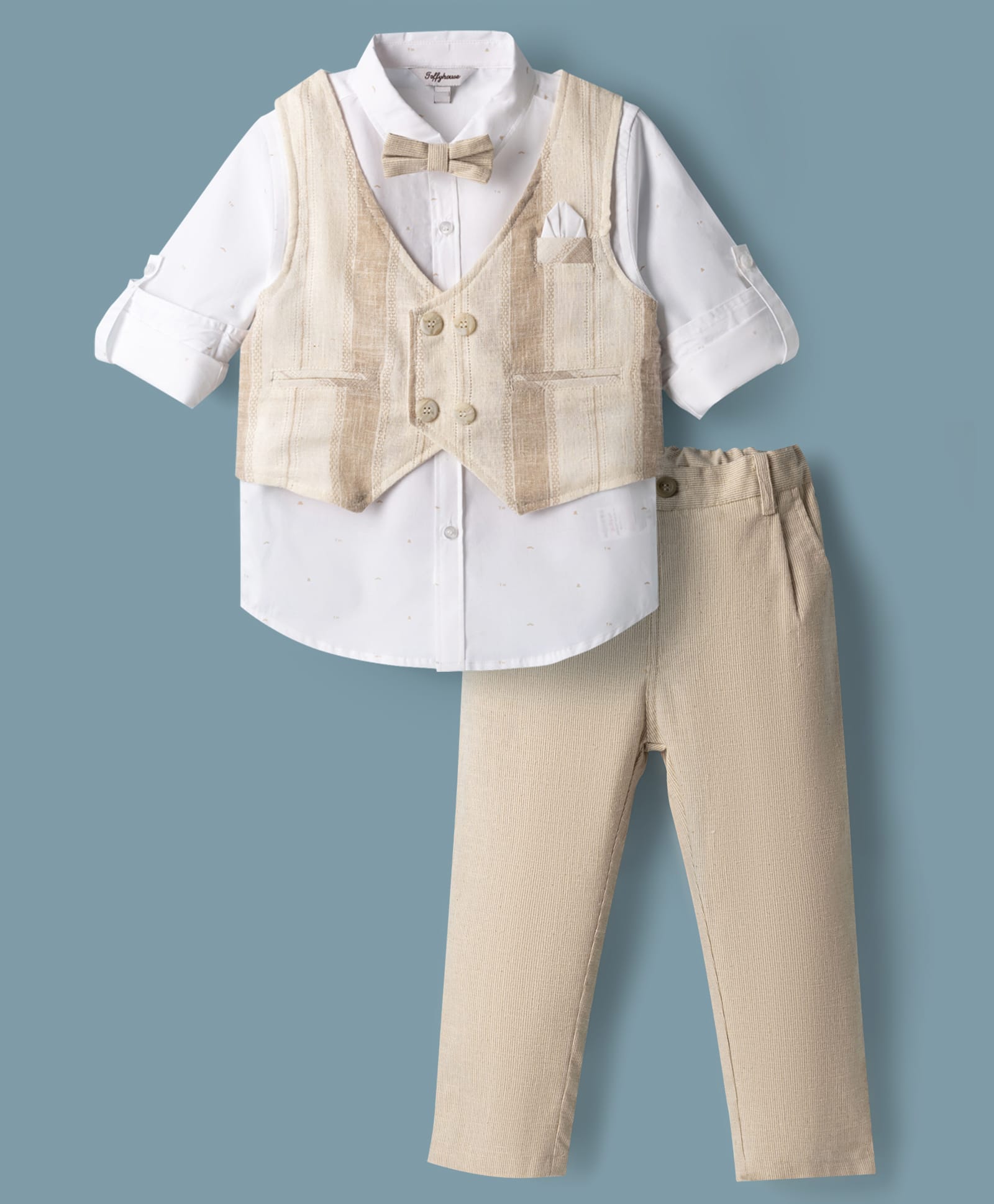 ToffyHouse Poplin Woven Full Sleeves Solid Textured 3 Piece Party Suit - Tan-picture-11