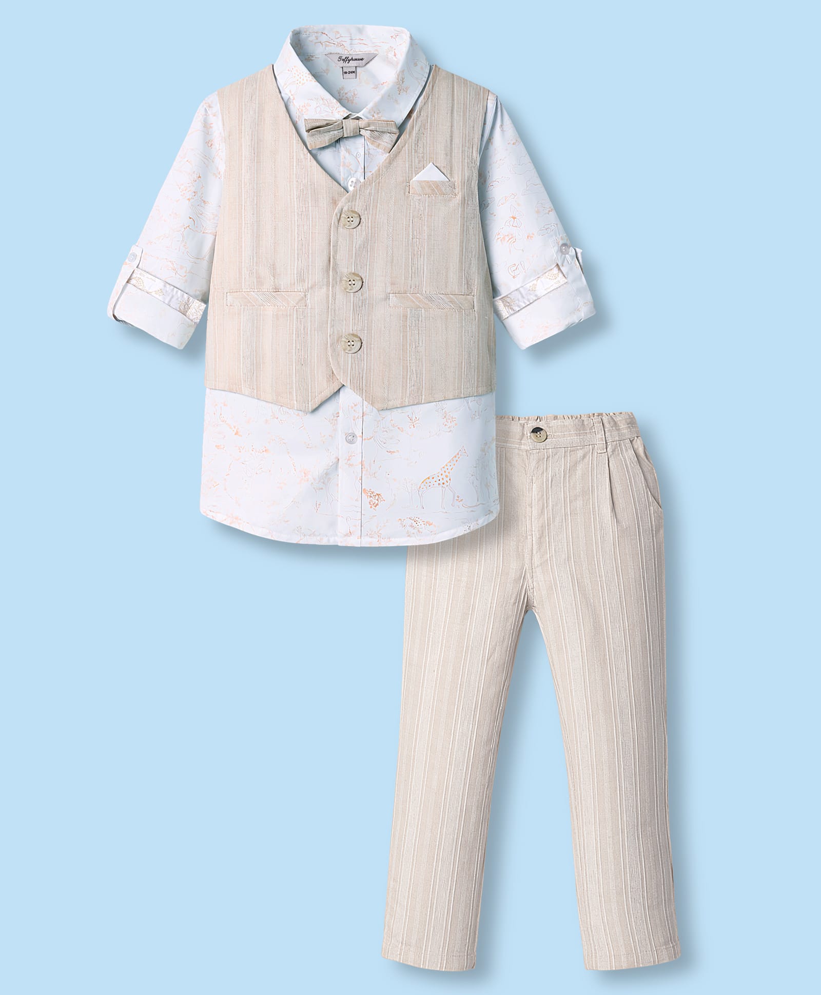 ToffyHouse Poplin Woven Full Sleeves 3 Piece Party Suit With Bow & Jungle Theme Print - Tan-image-23