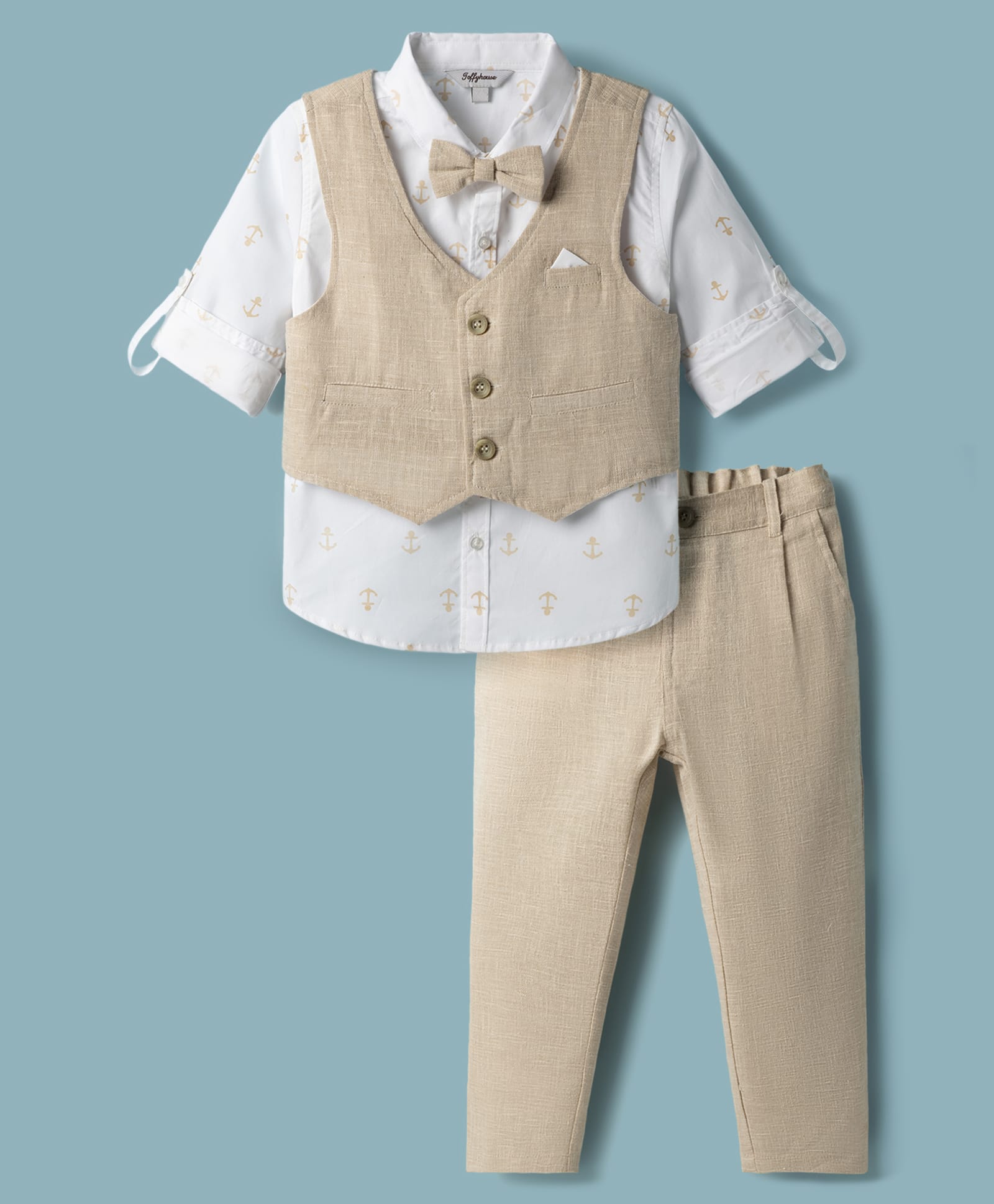 ToffyHouse Poplin Woven Full Sleeves 3 Piece Party Suit With Nautical Print - Tan-picture-41