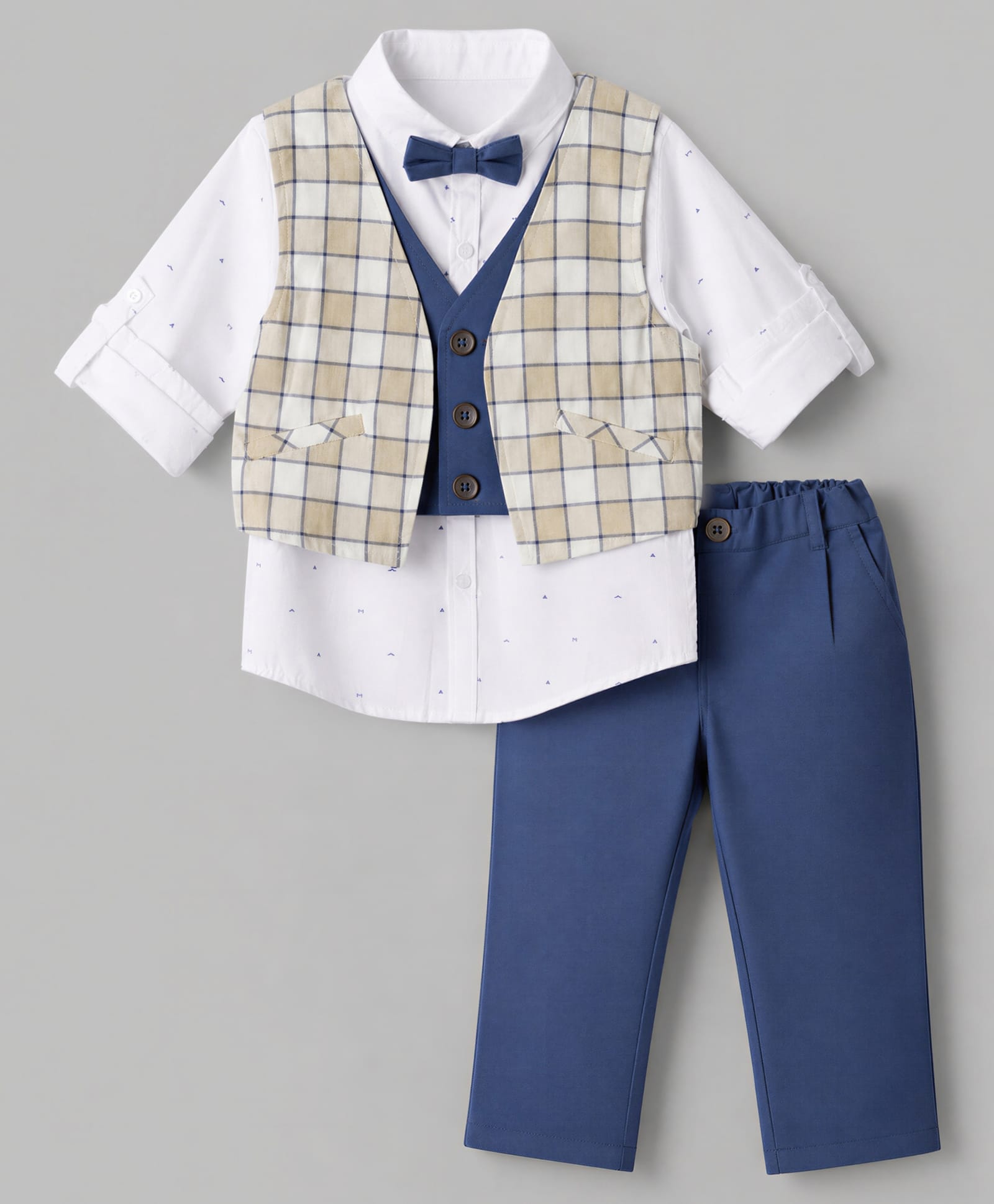 ToffyHouse Poplin Woven Full Sleeves Printed & Checked Three Piece Party Suit With Bow - Navy Blue-picture-22