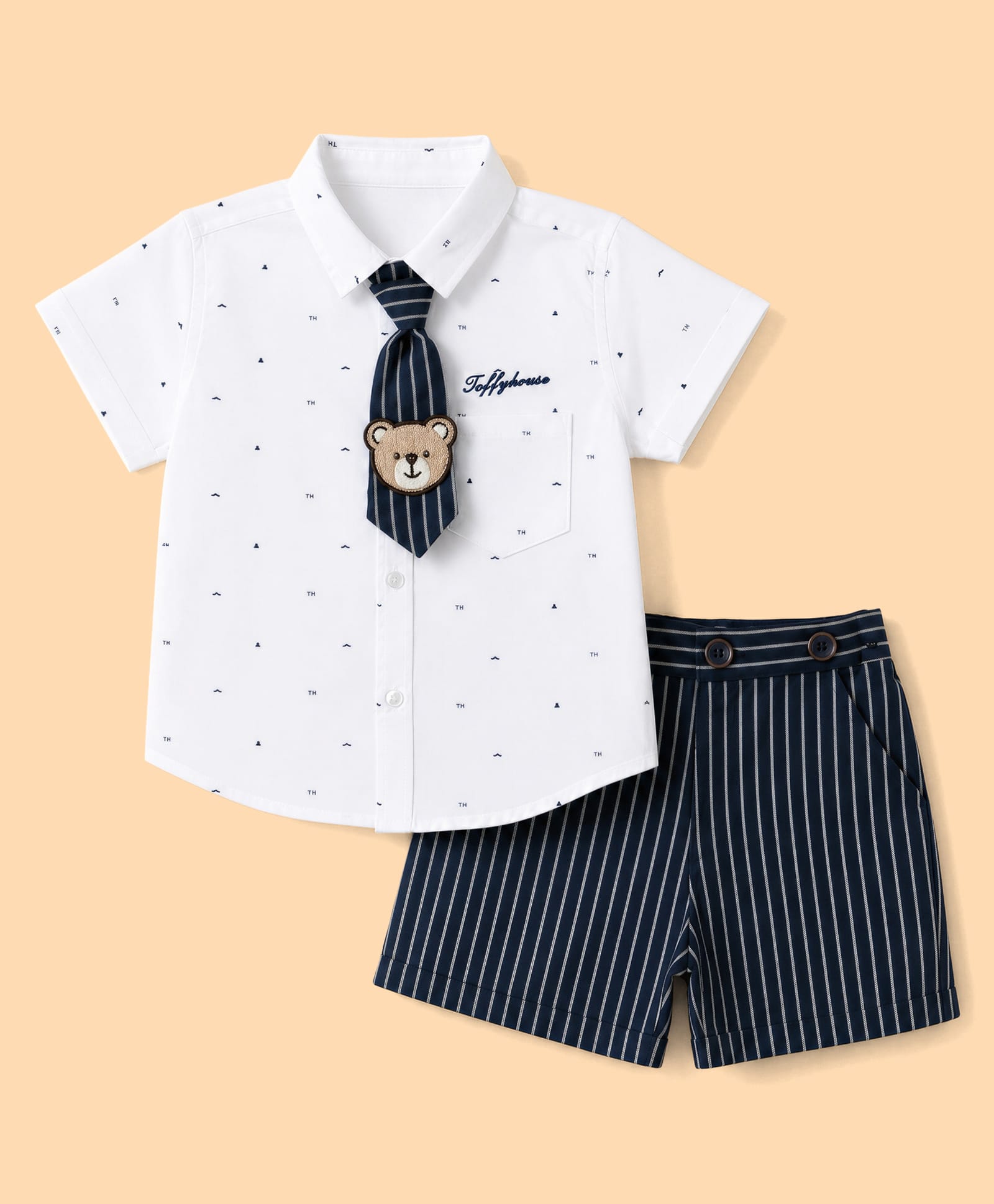 ToffyHouse Poplin Woven Half Sleeves Printed Shirt & Striped Shorts Set With Bear Applique Tie - Navy Blue-picture-17