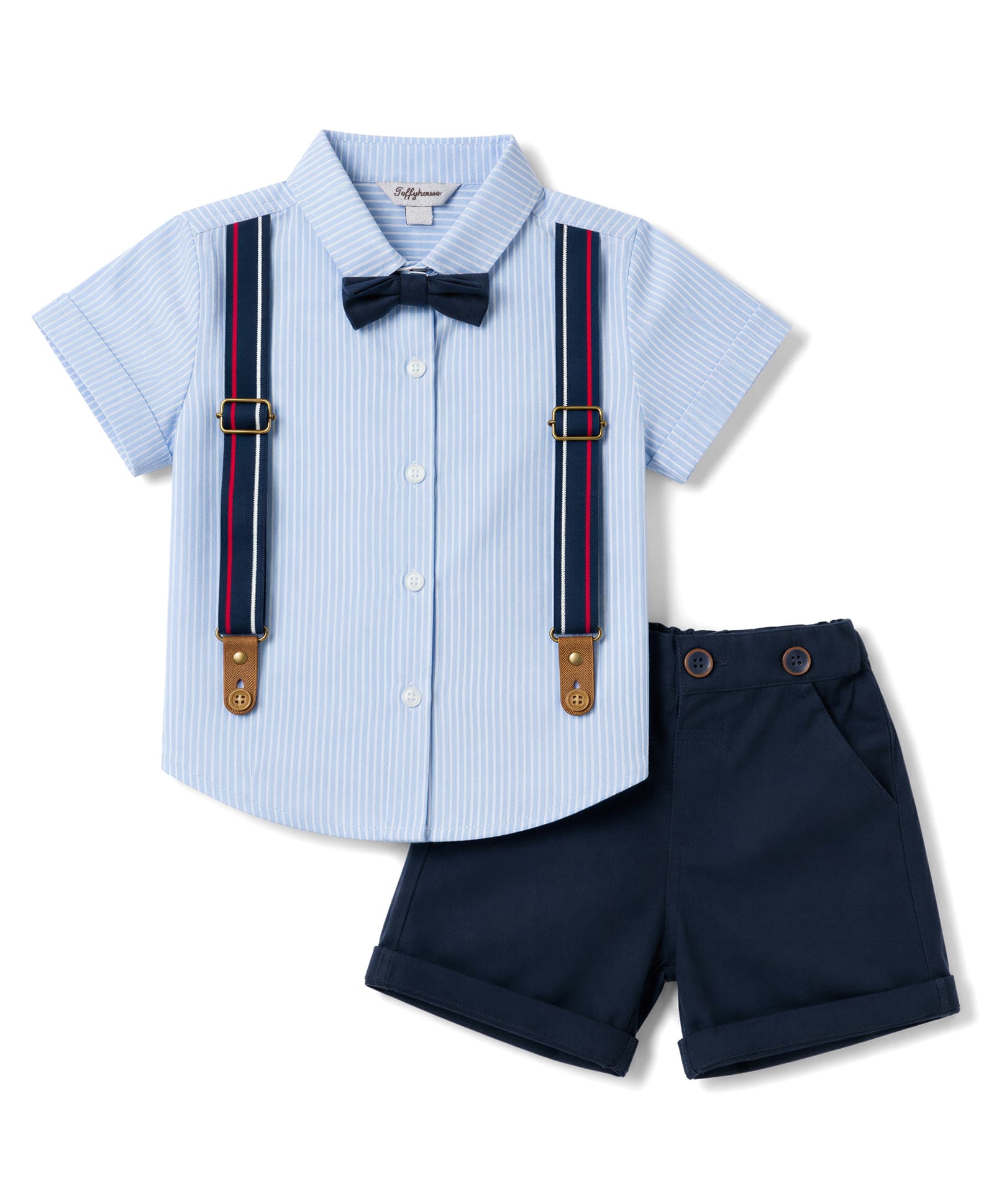 ToffyHouse Poplin Woven Half Sleeves Striped Shirt & Shorts Set With Suspender & Bow - Light & Navy Blue-picture-27
