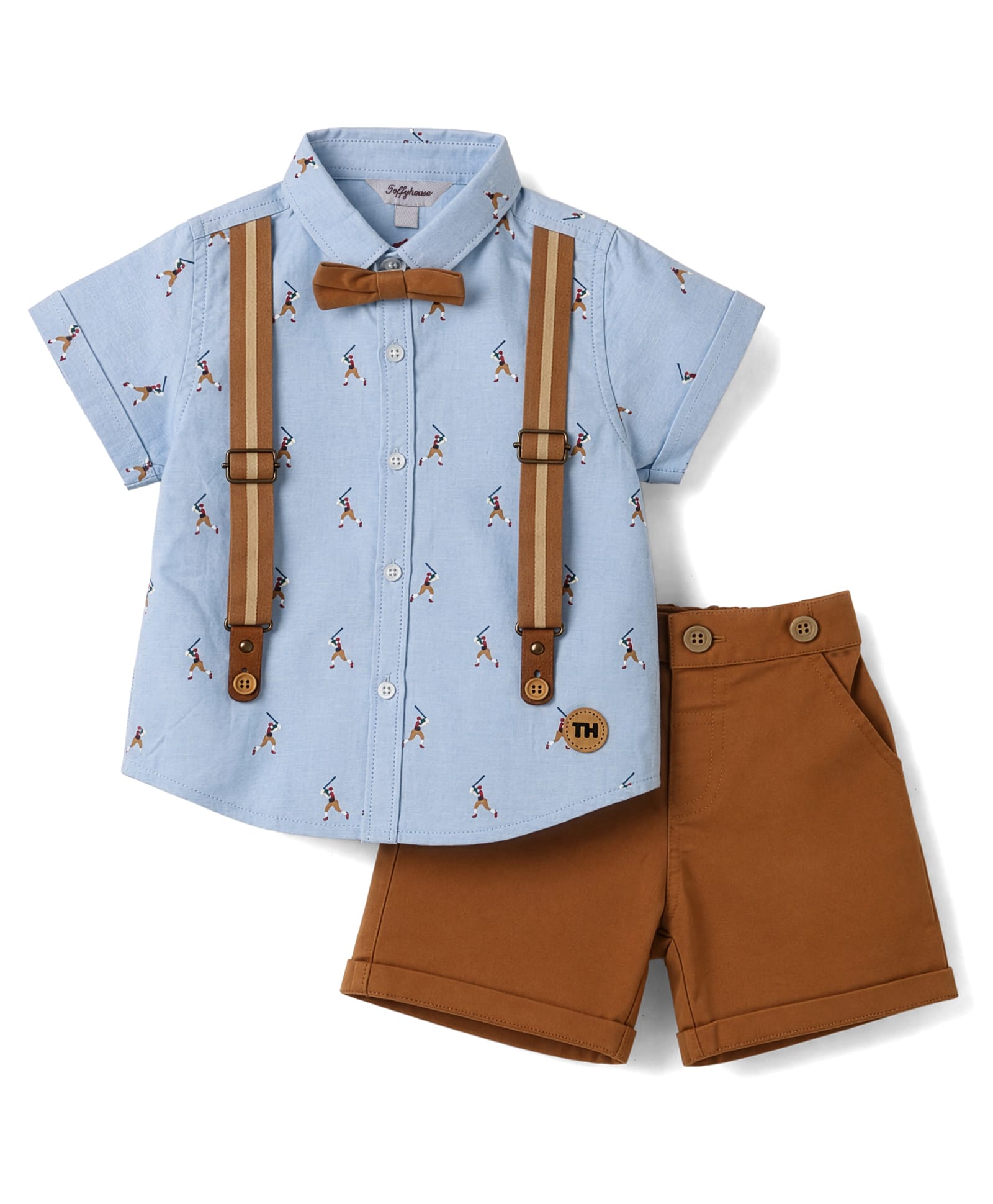 ToffyHouse Poplin Woven Half Sleeves Printed Shirt & Shorts Set With Suspender & Bow - Light Blue-picture-33