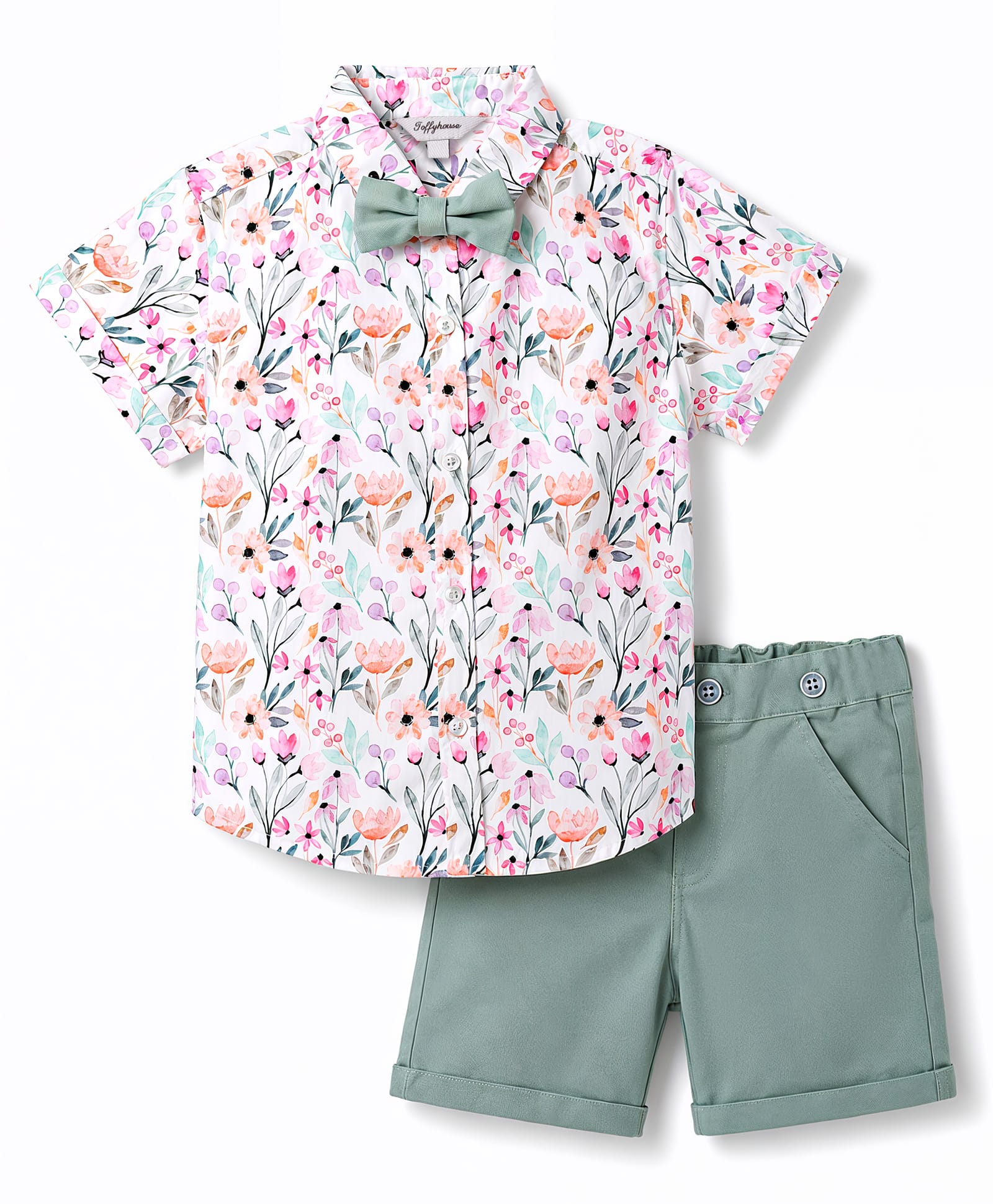 ToffyHouse Poplin Woven Half Sleeves Floral Printed Party Shirt & Shorts With Bow - Teal Blue & White-image-48