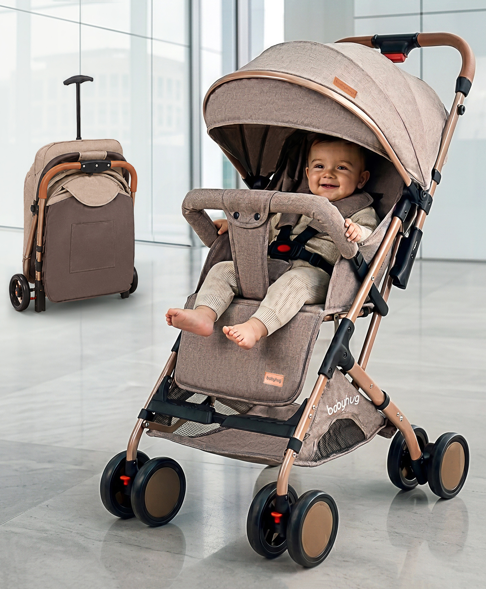 Babyhug Standard Baby Stroller with Integrated Trolley Handle - Beige | Reclining Seat| Safety Harness| Compact Fold| Lightweight Travel-Friendly| Swivel Wheel with Lock| Rear Wheels with Brake-picture-23