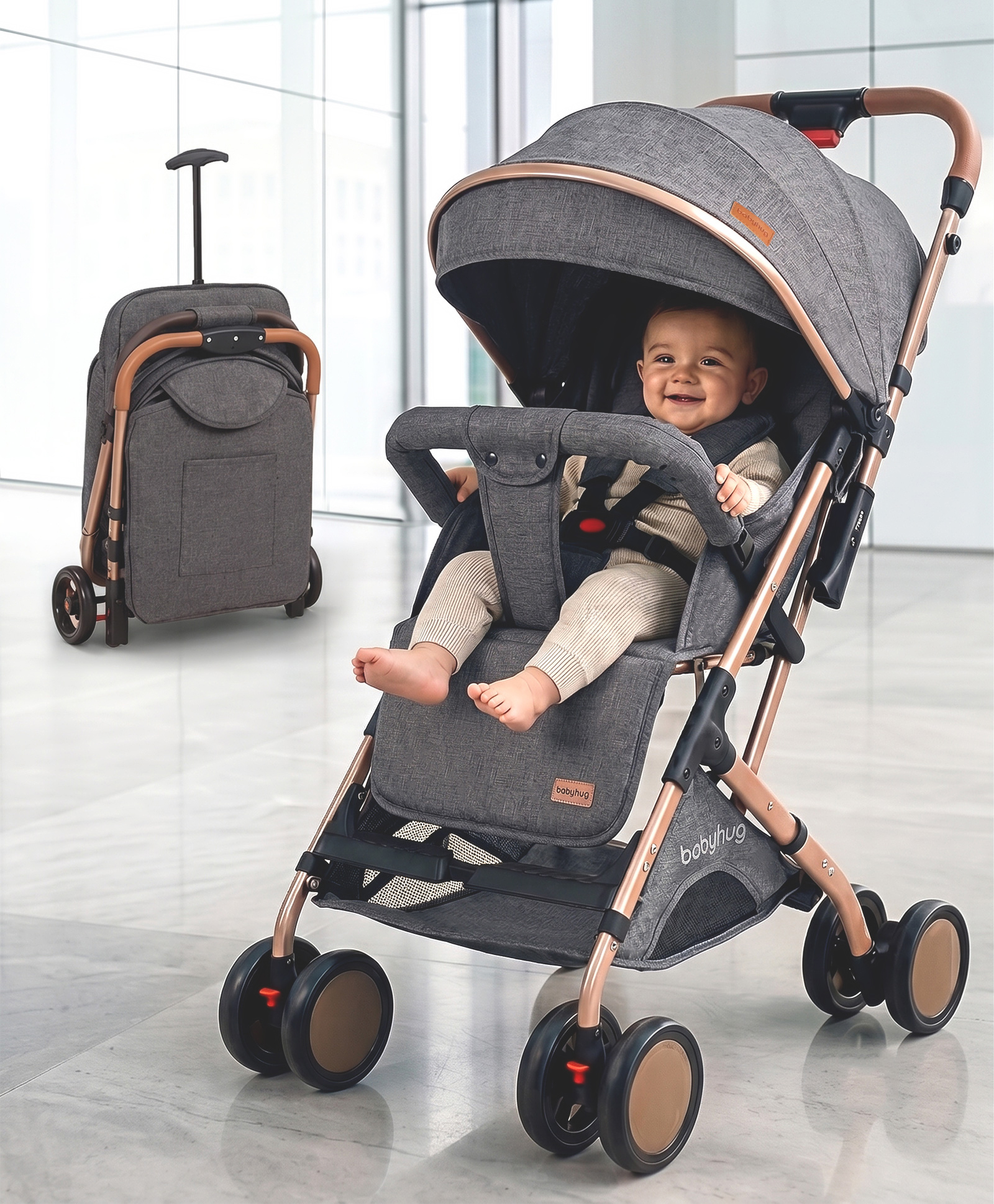 Babyhug Standard Baby Stroller with Integrated Trolley Handle - Navy Blue | Reclining Seat| Safety Harness| Compact Fold| Lightweight Travel-Friendly| Swivel Wheel with Lock| Rear Wheels with Brake-image-39