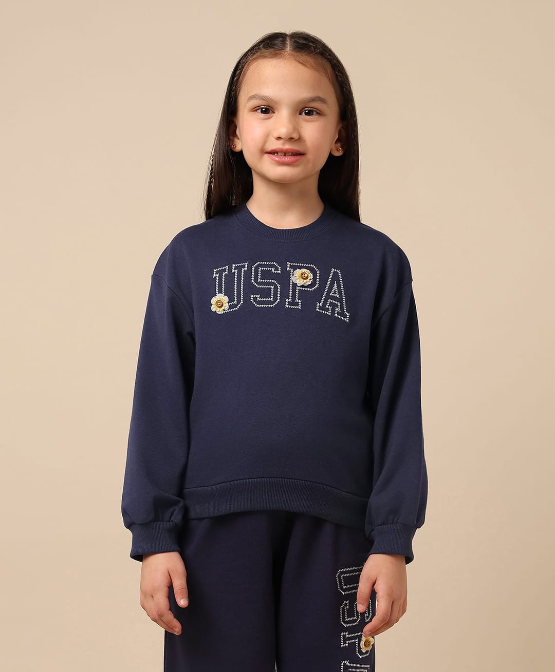 US Polo Assn Knit Full Sleeves Sweatshirt with Brand Name Embroidery & Floral Applique - Navy Blue-picture-17