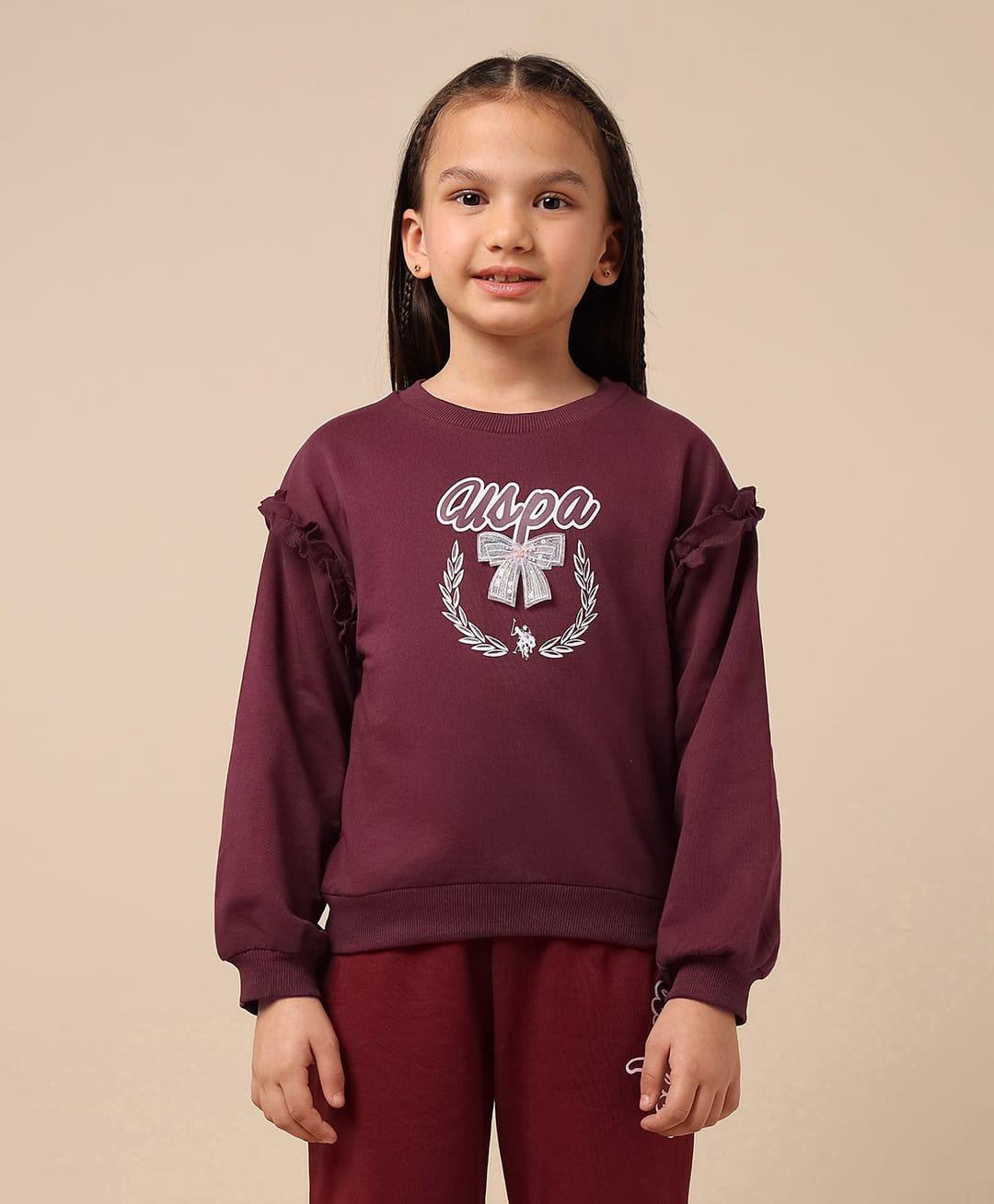 US Polo Assn Knit Full Sleeves Sweatshirt with Brand Name Graphic & Bow Applique - Burgundy-picture-18
