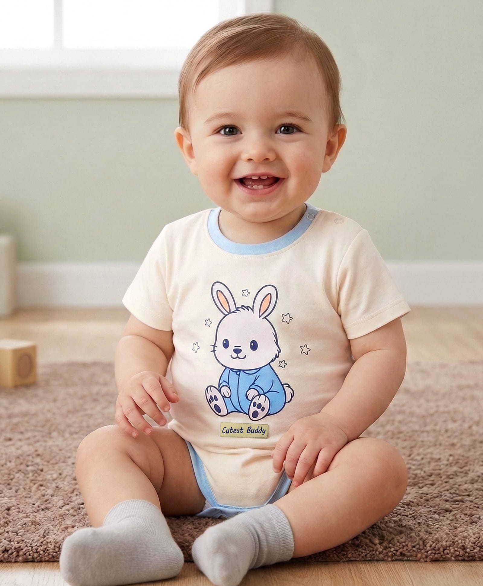 Babyoye 100% Cotton Knit Half Sleeves Onesie with Bunny Print - Cream-image-40
