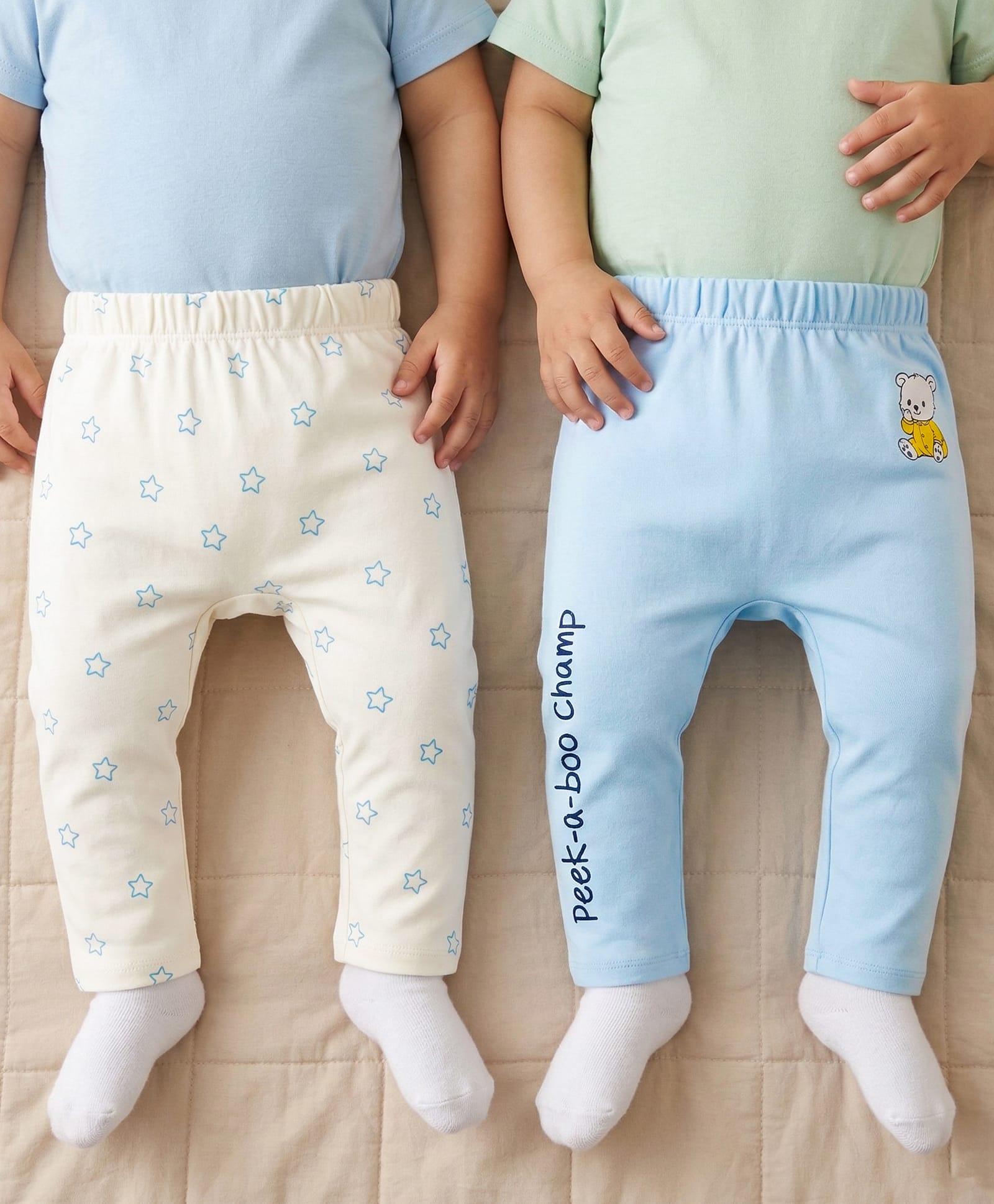 Babyoye 100% Cotton Knit Full Length Diaper Leggings with Star & Bear Print Pack of 2- Cream & Light Blue-image-32