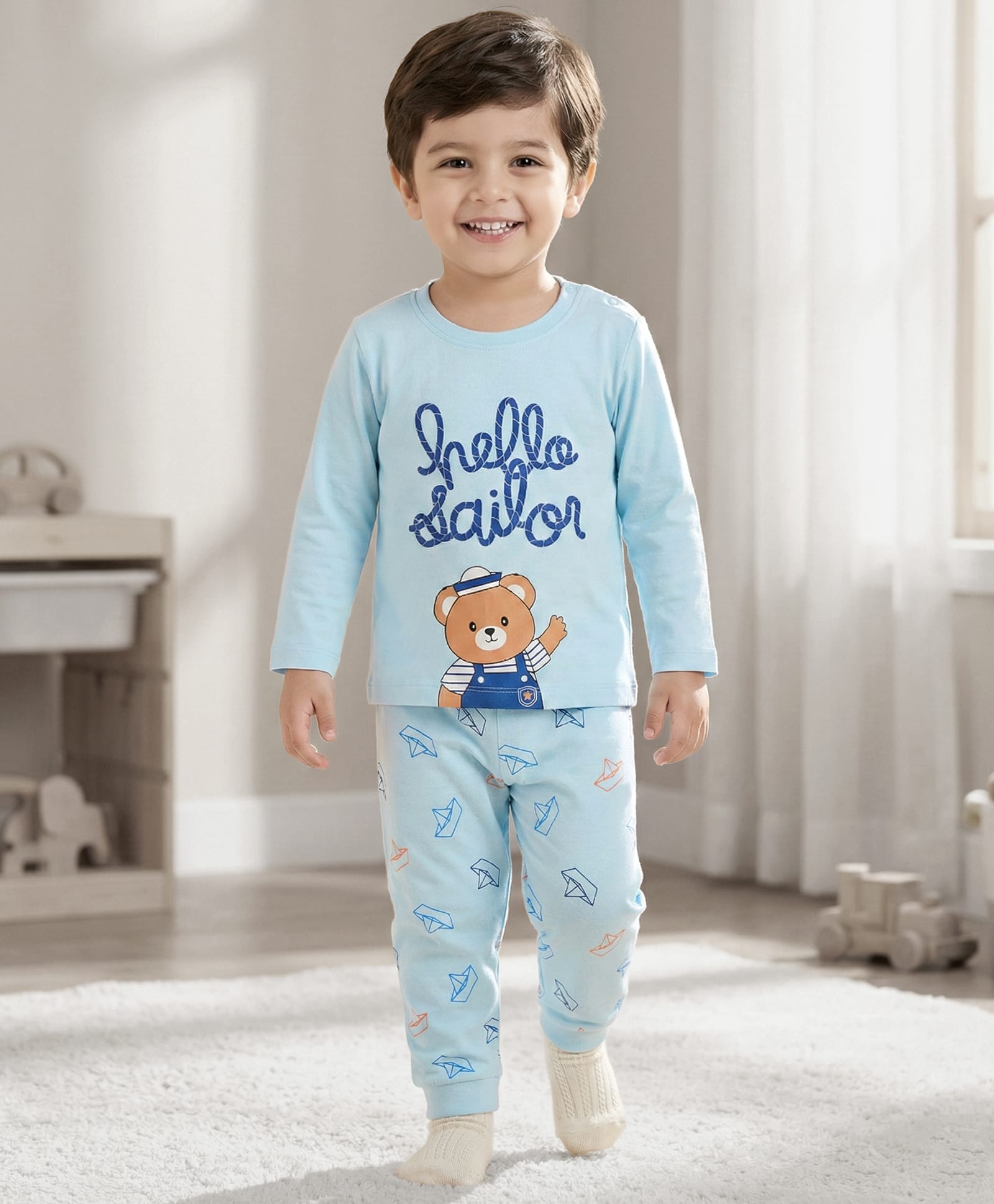 Babyhug Cotton Knit Full Sleeves Night Suit With Bear Print - Light Blue-image-29
