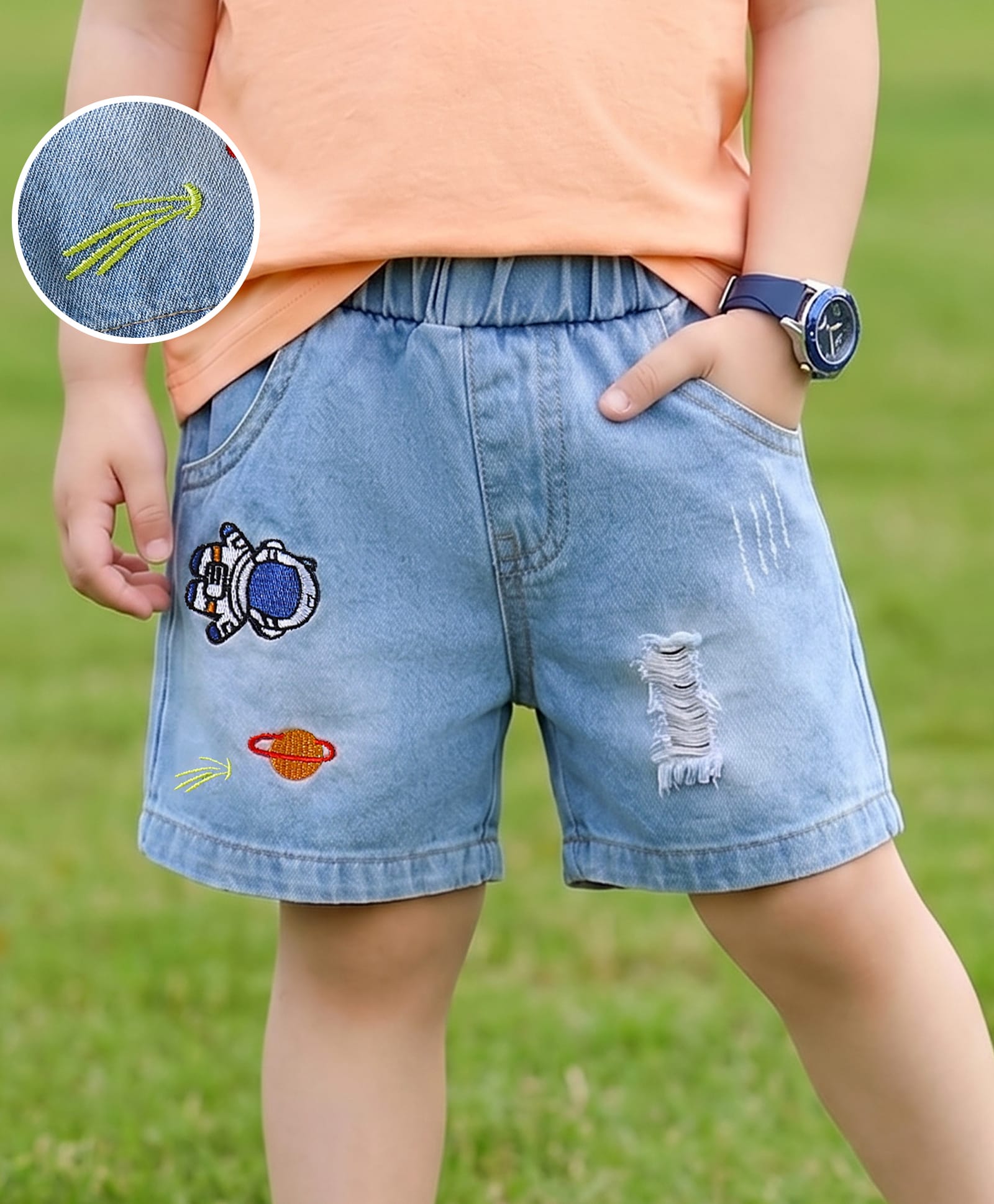 Mark & Mia Cotton Distressed Shorts With Space Embroidery - Light Blue-picture-24