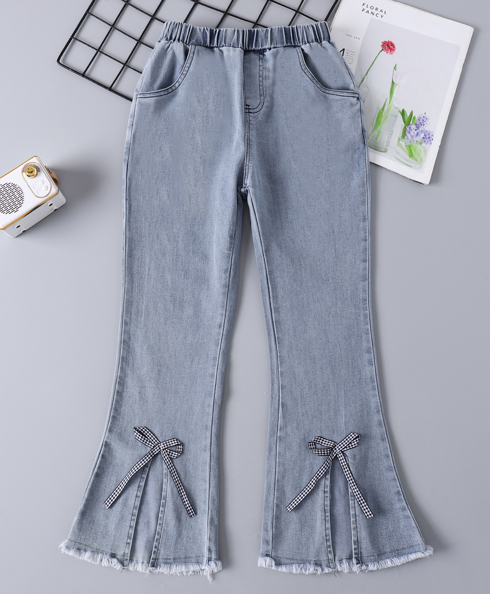 Mark & Mia Cotton Full Length Washed Jeans With Bow Applique - Light Blue-image-11