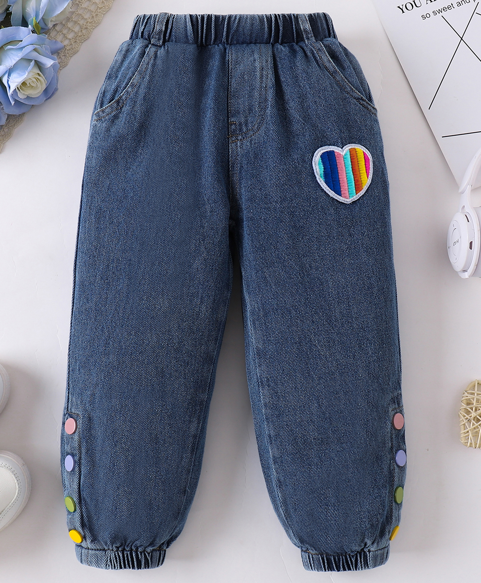 Mark & Mia Full Length Jeans with Heart Embroidery Detailing - Blue-picture-26